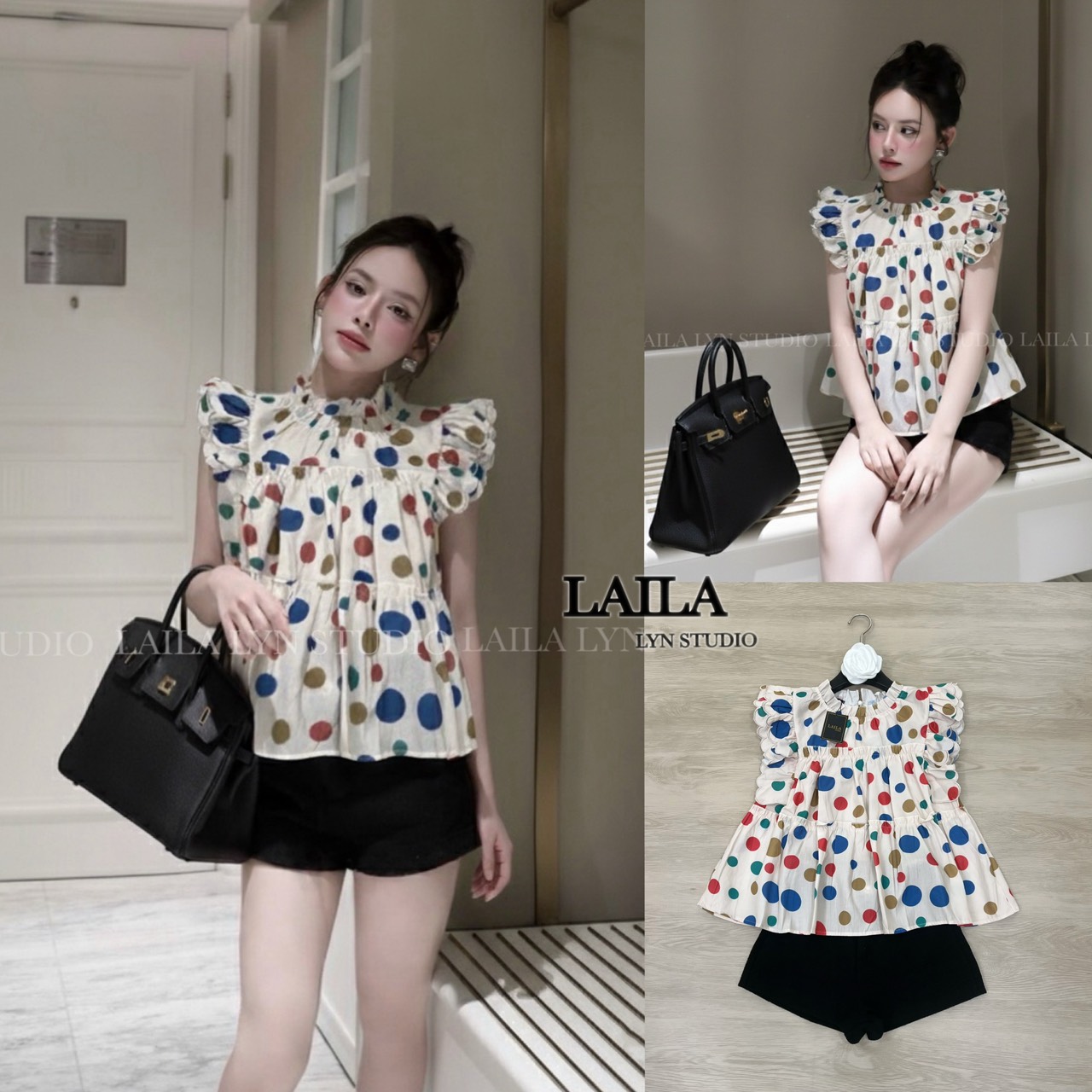 Tag : LAILA Detail: SET เสื้อ+กางเกง เสื้อแขนยาวทรงคอปีนแต่งระบายๆ งานแต่งกระดุมด้านหลัง ดีไซน์ช่วงแขนระบายฟูๆตัดเย็บอย่างดีช่วงปลายเสื้อแต่งทรงบานๆพริ้วๆสุดน่ารัก โทนสีออฟไวท์แต่งลายจุดสีสันสดใส มาพร้อมกางเกงทวิตขาสั้นสีดำใส่ง่ายเข้ารูปพอดี