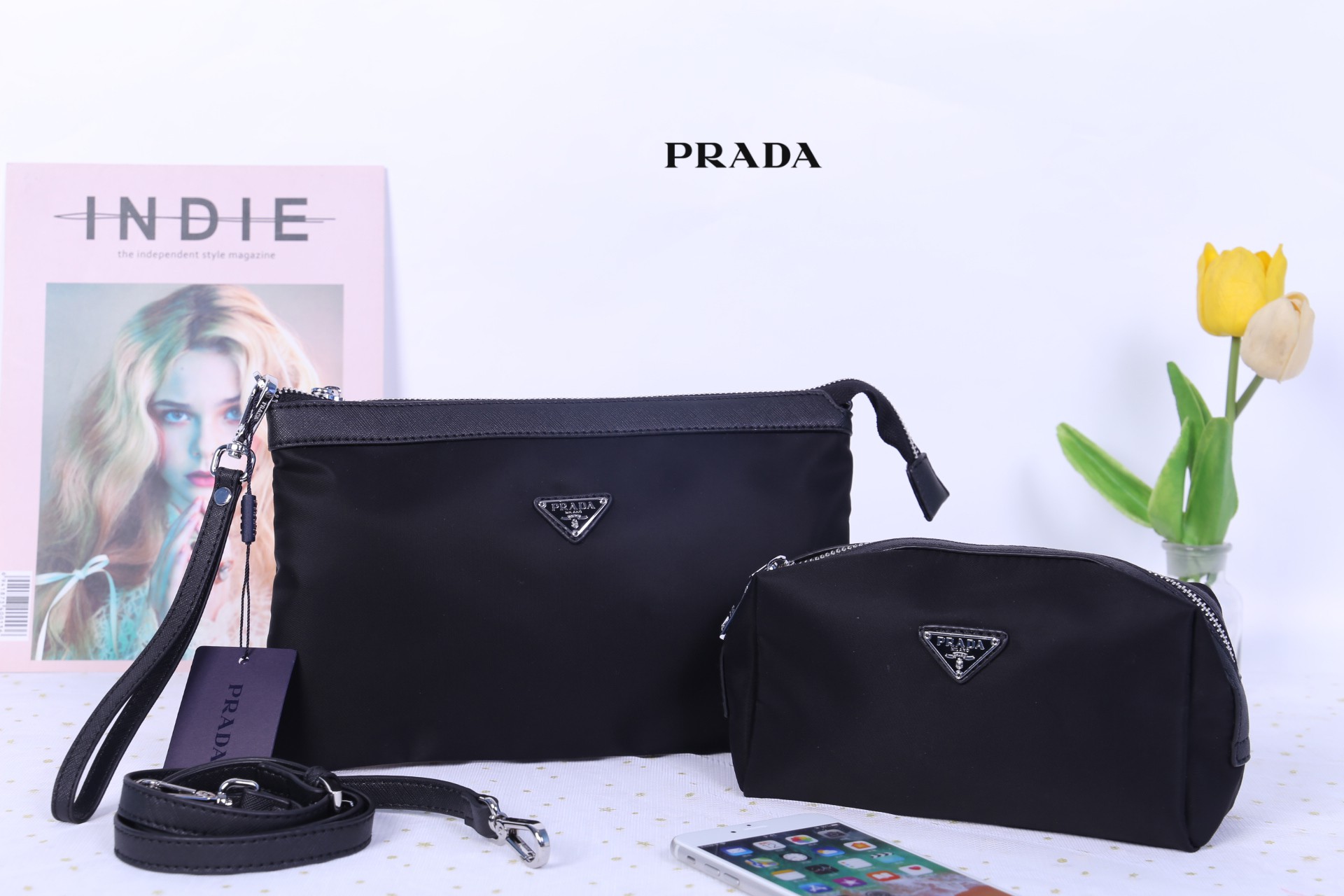 กระเป๋าสะพายคล้องมือไฮโซแบรนด์เนมพราด้าพรีเมี่ยมกิ๊ฟสีดำอะไหล่เงิน PRADA DUO SET CROSSBODY premium gift bag