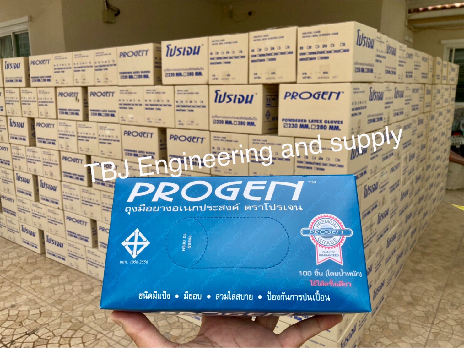 ถุงมือแพทย์ ถุงมือยาง แบบมีแป้ง Brand : Progen