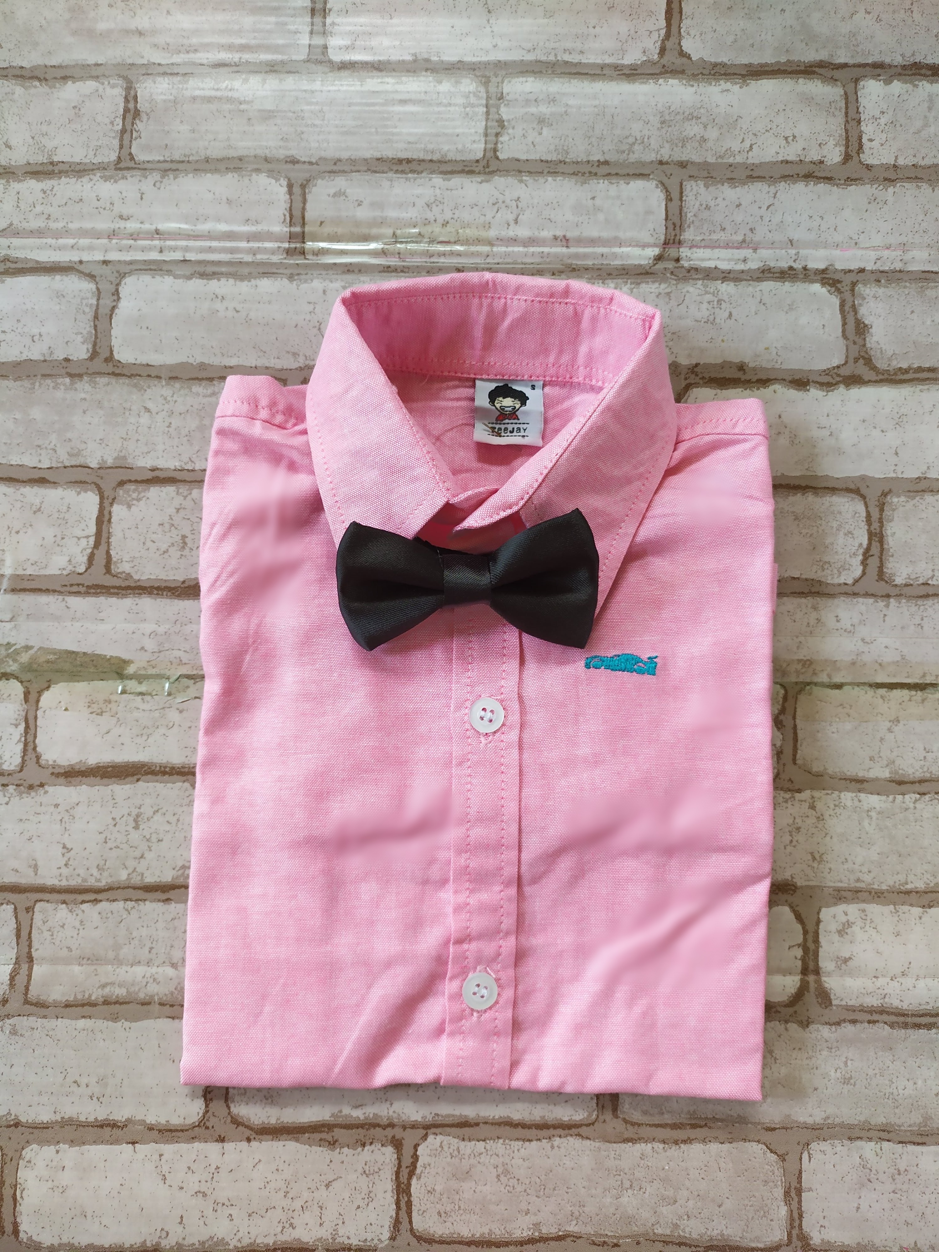 B+B36005 เสื้อเชิ้ตเด็ก แขนยาวสีชมพูเข้ม พร้อมโบว์สีดำ
