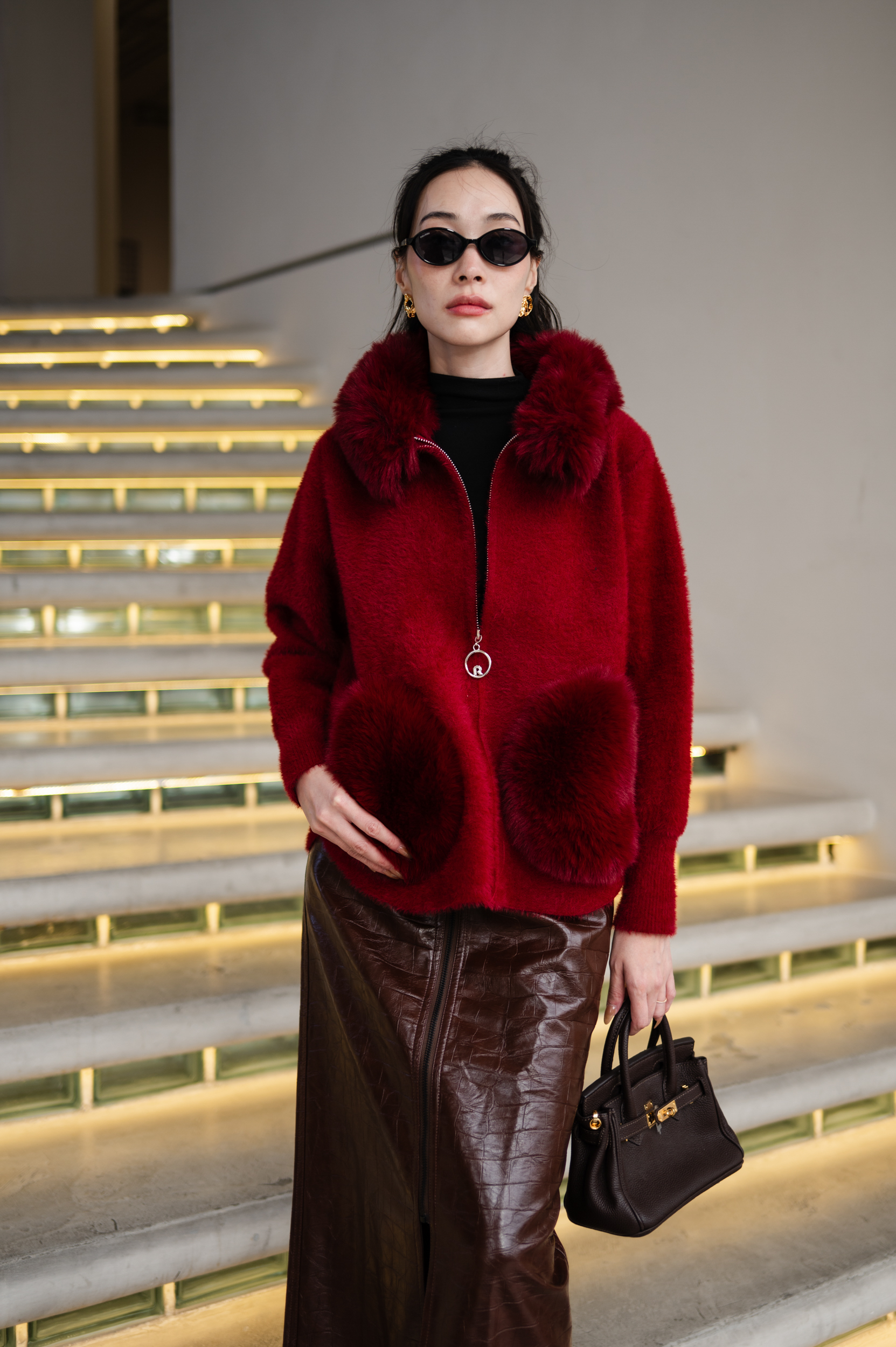 เสื้อกันหนาวขนเฟอร์แขนยาวปกขน