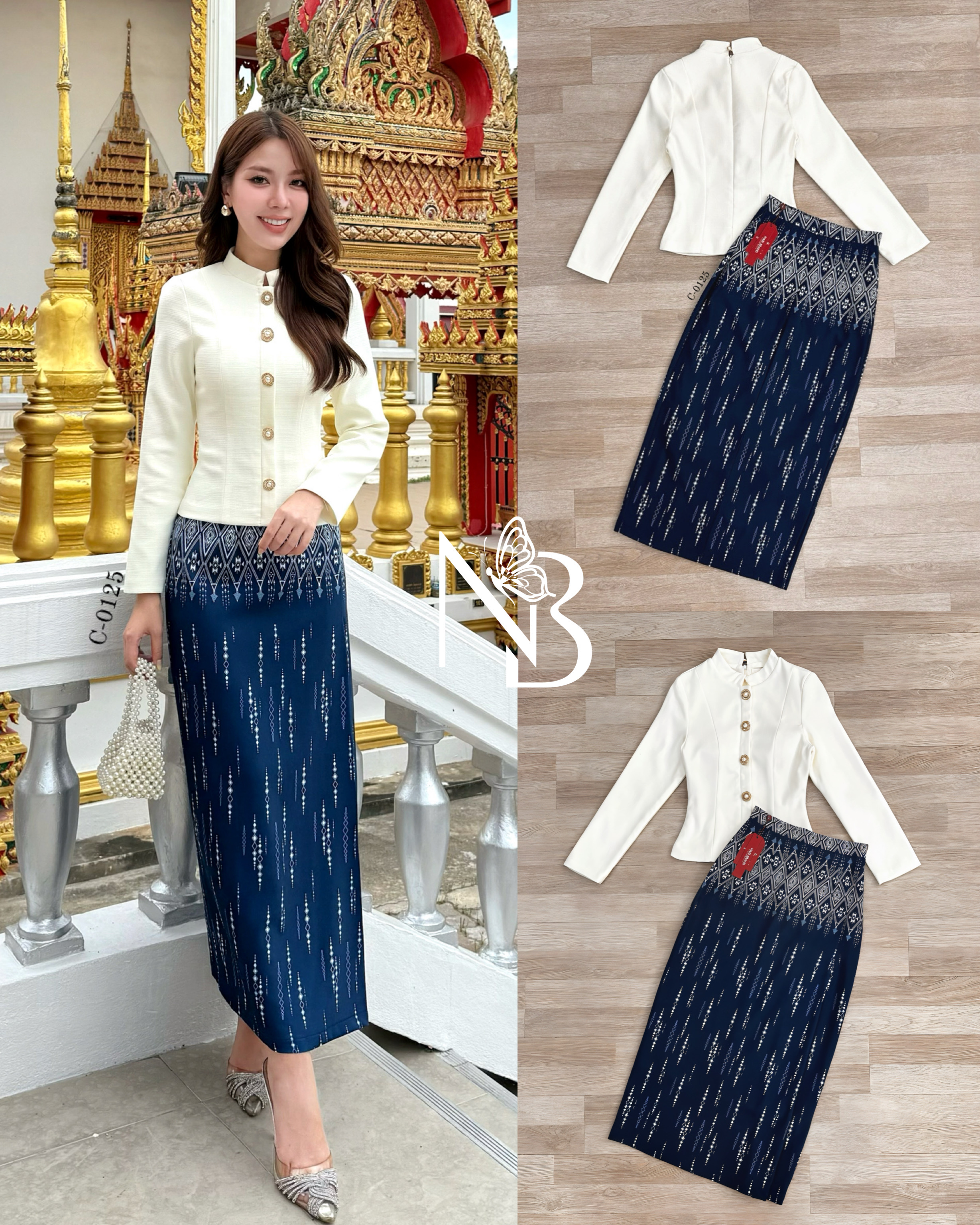 Label :: #NABIBRAND Code :: C-0125 Detail :: ชุดเซ็ตเสื้อแขนยาวสีครีมแต่งกระดุมมุกด้านหน้า ดีไซน์ปลายเสื้อทรงบานช่วงเอวรัดรูป มีซับ มีฟองน้ำในตัว ผ้าอยู่ทรง มาคู่กระโปรงพิมพ์ลายสีกรมดีไซน์สวยหรู ผ้าพริ้ว นุ่มนวลใส่สบายมากๆ งานซิปหลังทั้งคู่ สวมใส่ง่าย สาม