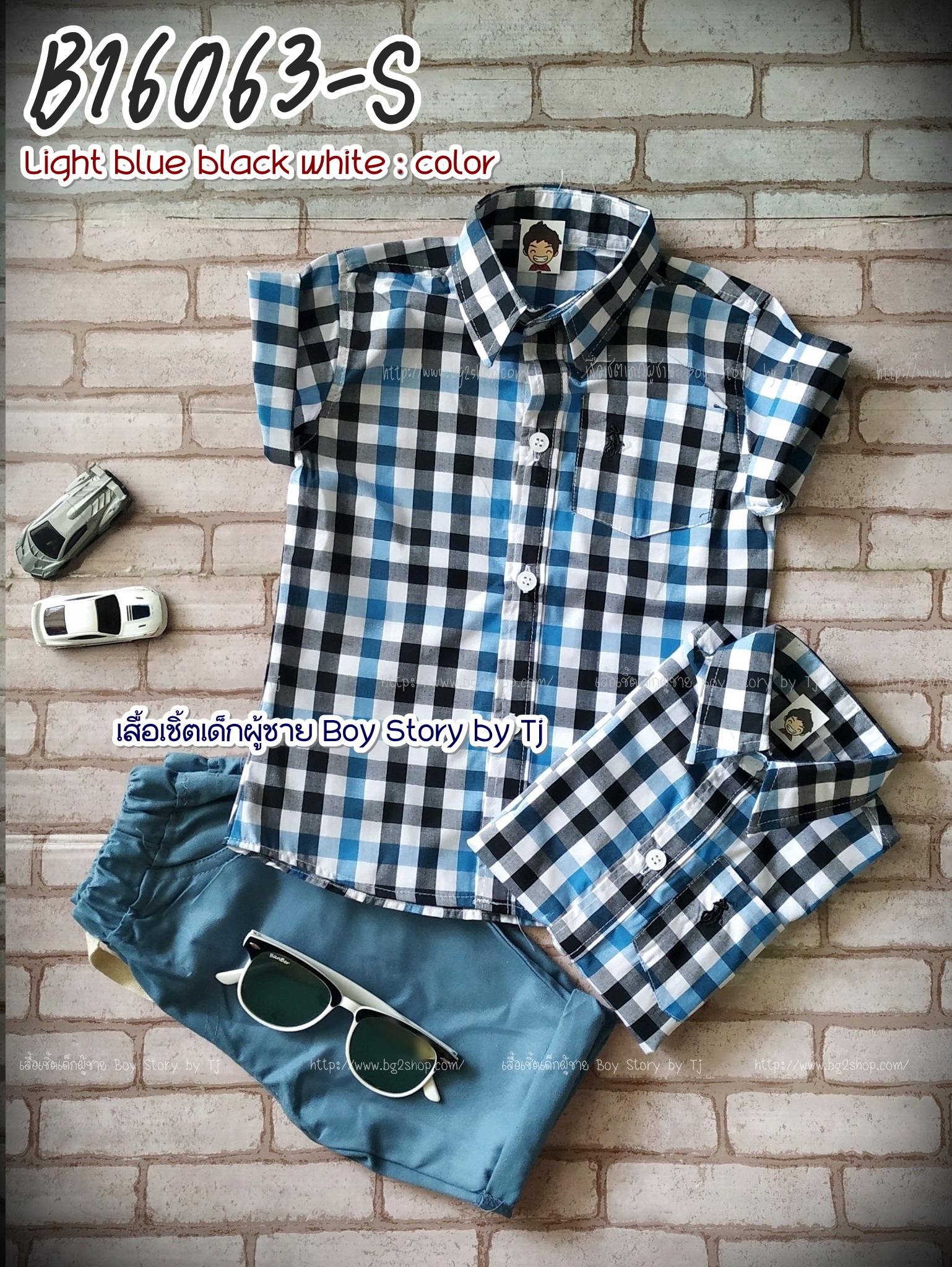 [Sale] B16063-S ลายสก็อตฟ้าดำขาว - เสื้อเชิ้ตเด็ก