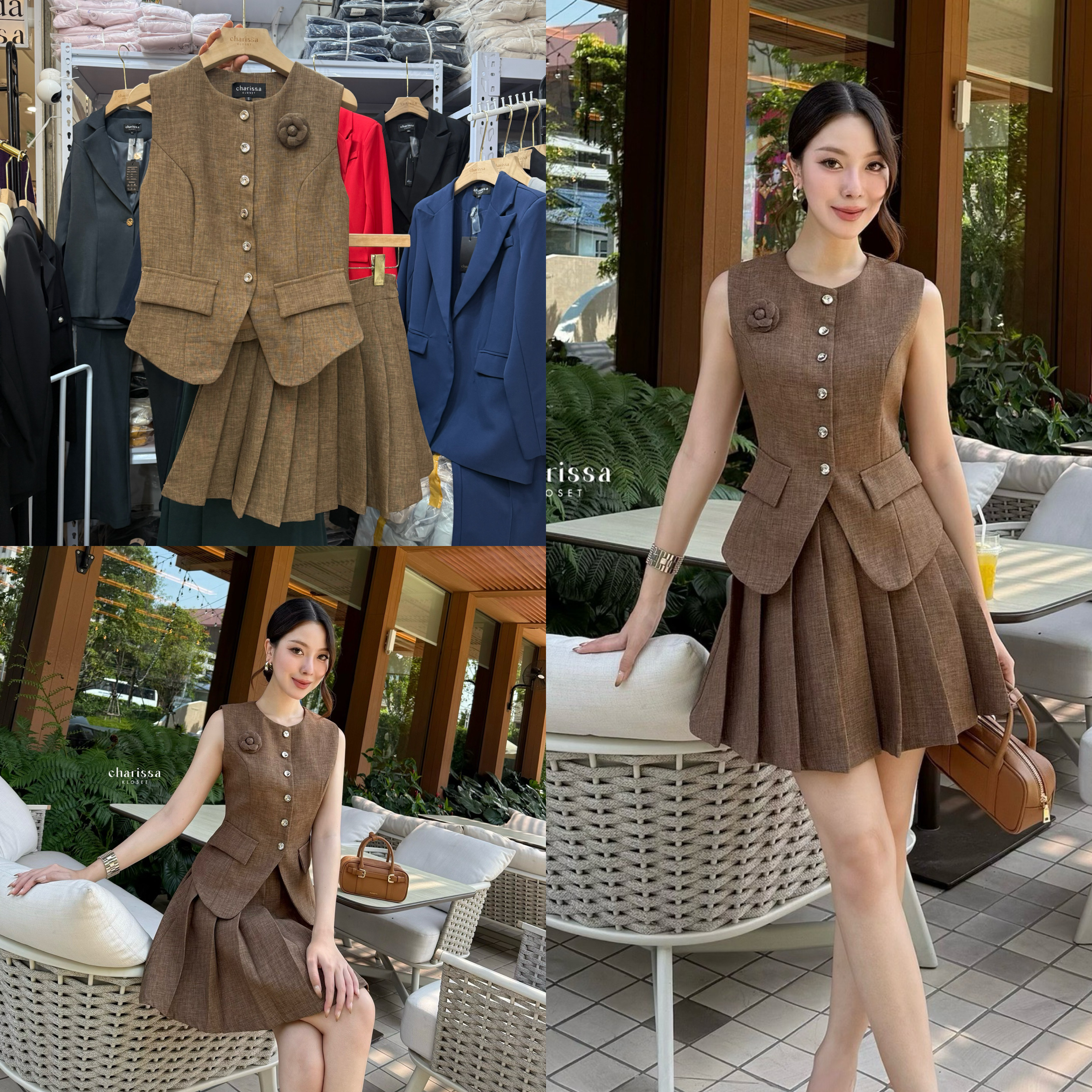 set เสื้อแขนกุด แต่งกระดุมจริงด้านหน้า ออกแบบให้เข้ารูปสวย มาพร้อมกับกระโปรงแต่งจีบ(ซับในเป็นกระโปรงซิปข้าง) ซิปข้าง แมทซ์กันได้อย่างลงตัวมากๆค่ะ