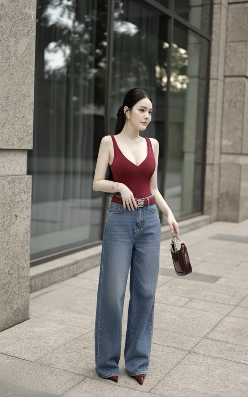 เสื้อ บอดี้สูทคอวีสีแดงสด + กางเกงยีนส์ทรงกระบอกใหญ่ เอวสูงปรี๊ด สีฟอกสวย + เข็มขัดหนังสีแดงอะไหล่ทองให้อีกเส้น