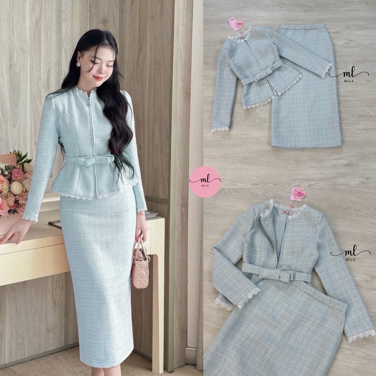 Set 2 ชิ้น เนื้อผ้าทวิตสีฟ้าผสมดิ้นเงิน ตัวเสื้อทรงพอดีตัวแขนยาวคอชิดแต่งระบายกุ๊นลูกไม้สีขาวเล็กๆที่ขอบชุด ตัวเสื้อเป็นซิปรูดด้านหน้า (อกเย็บเสริมฟองน้ำ และมีเสริมไหล่) มีสายขาดเอวเข็มขัดเป็นริบบิ้นโบว์มีกระดุมแป๊กติดด้านหลังเด่นสวย มาพร้อมกับกระโปรงยาวท