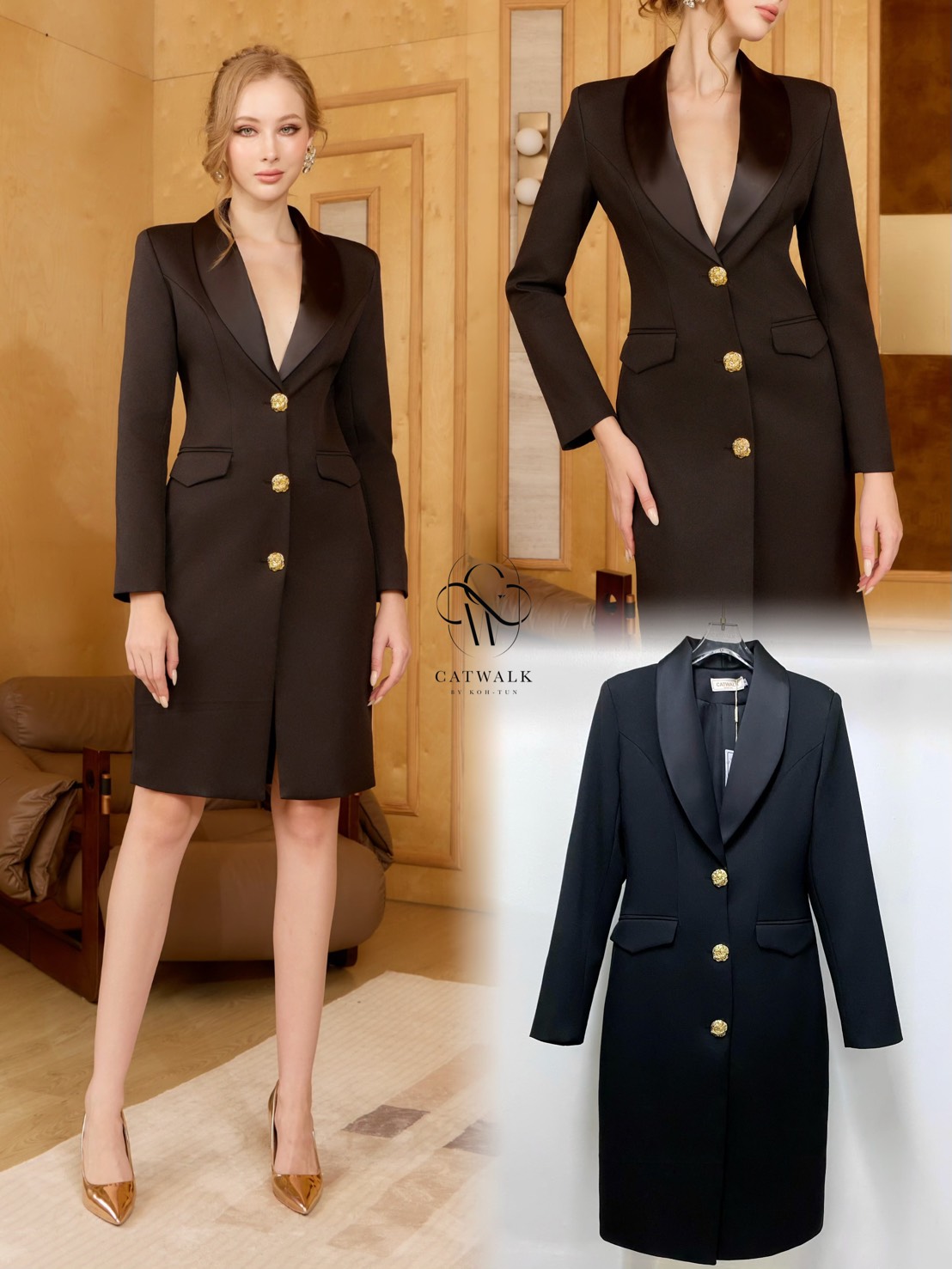 งานป้าย CATWALK BY KOH-TUN Detail>>> เดรสสูทปกกล้วยแต่งกระดุมทอง เนื้อผ้าเกรดเอ เนื้อนุ่มเป็นทรงสวย ตัวชุดเป็นทรงเข้ารูป ปกตัวชุดใช้ผ้าเครปกึ่งเงา กระโปรงเป็นทรงสอบ มีกระเป๋า 2 ข้าง ใช้งานได้จริง ด้านหน้าแต่งด้วยกระดุมทองสุดหรู