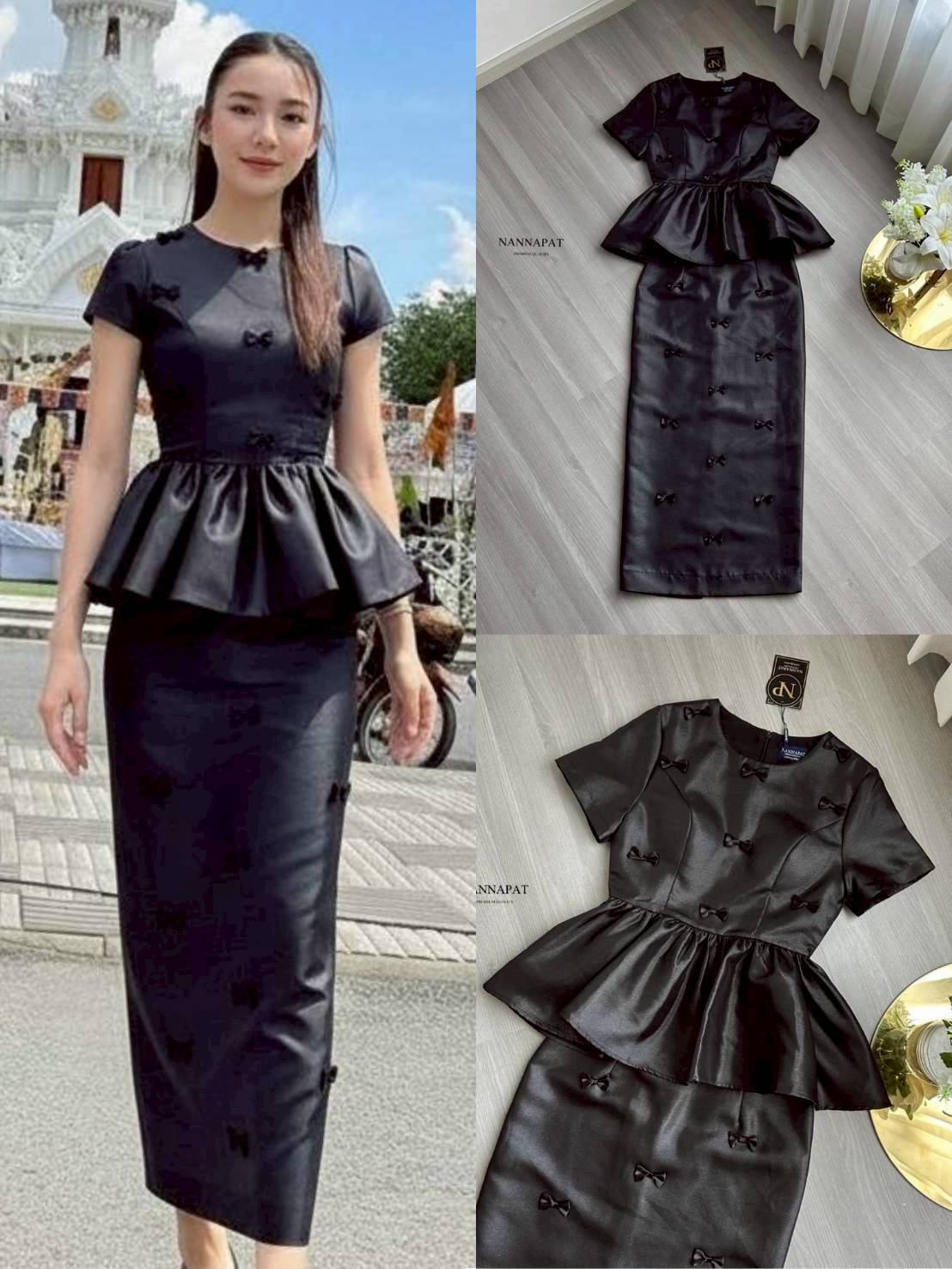 เซ็ทกระโปรงดำ สวย สุภาพ ดูดี งานคล้ายผ้าไหมเลยนะคะ อย่างกับชุดที่ขายราคาเป็นพัน เสื้อน่ารัก ซิปหลัง มีฟองน้ำอก กระโปรงก็ทรงสวย ทั้งเสื้อ กระโปรง เค้าจะแต่งโบว์เล็กๆทั้งตัว