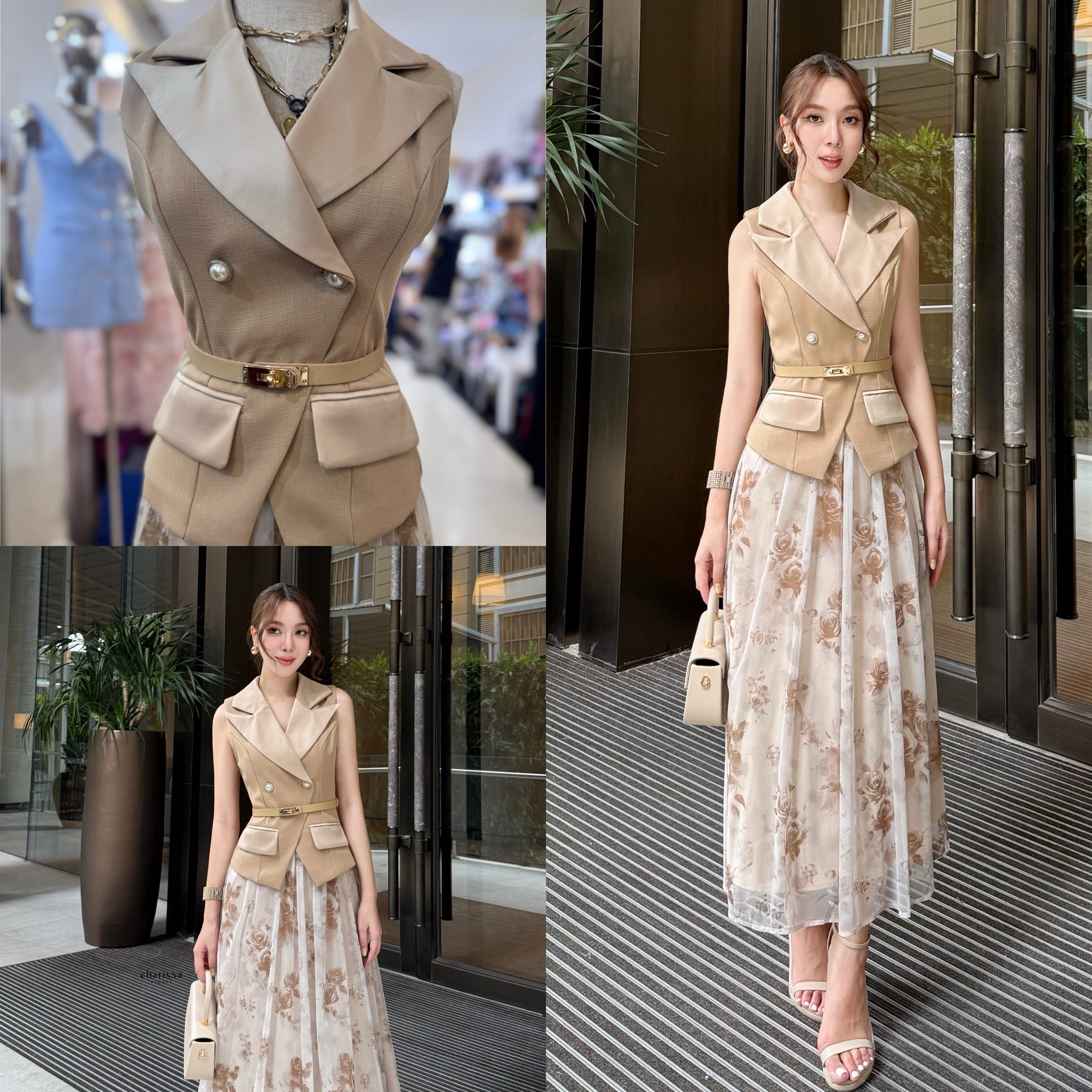 เซ็ทแขนกุดปกสูท มาพร้อมกับกระโปรงดับเบิ้ลเลเยอร์
