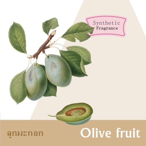 Olive fruit : Olive fruit หัวน้ำมันหอม ลูกมะกอก Fresh green woody กลิ่นมะกอกผสมผสานกับกลิ่นหญ้าแฝก หอมสดชื่น ลึกล้ำ ละลายในแอกอฮอล์และน้ำมัน / ทนอุณหภูมิสูง / ไม่เร่งเทรซ COA