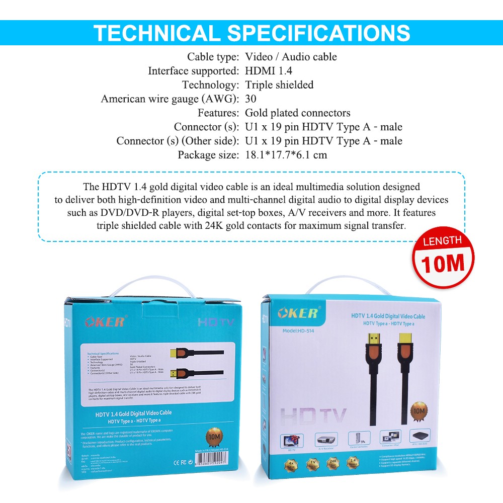 OKER HD-514 OKER 10M HDMI V.1.4 CABLE 3D/1080P CA-HM-HM-10M13