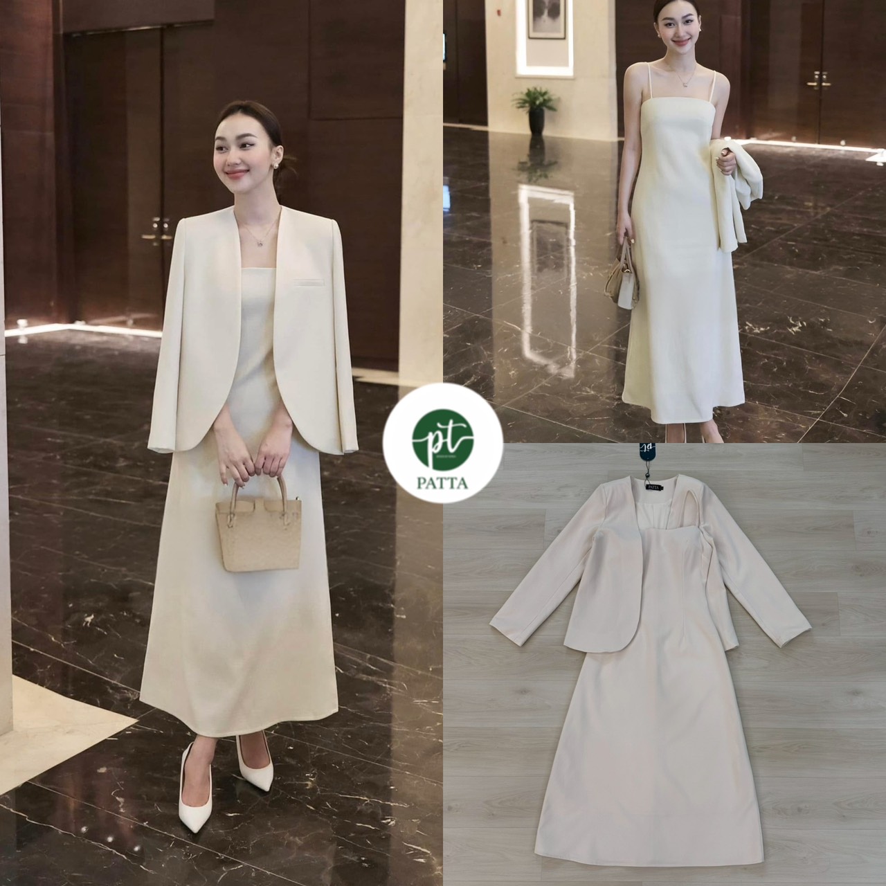 เซต2ชิ้น สีครีม เสื้อคลุมสูทแขนยาว ดีเทลแต่งกุ้นขอบกระเป๋า มาคู่กับเดรสสายเดียวยาว ( อกเสริมฟองน้ำ) ซิปหลัง ซัปในทั้งตัว ดีไซน์สวย คุ้มสุดๆ มาพร้อมกับกระโปรงยาวทรงสอบ และดีเทลผ่าหลังดีไซน์สวย