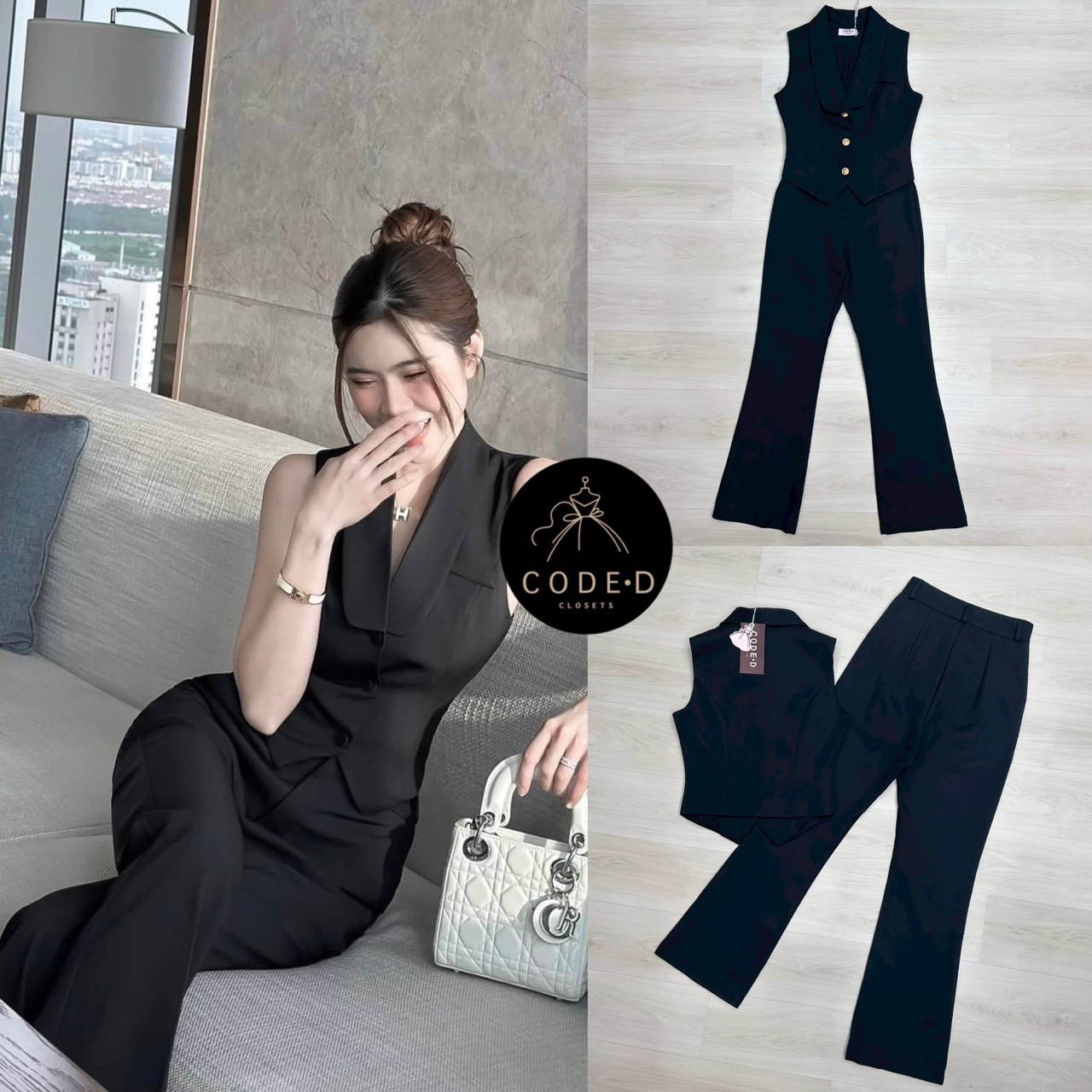 Set 2 ชิ้น สีดำ เสื้อกั๊ก + กางเกงขายาวไฮโซสุด ๆ เสื้อทรงกั๊กคอปกมีกระดุมสีทองหน้า ทรงสวย และกางเกงขายาวทรงขาม้า มีกระดุมและซิปด้านหน้า มีกระเป๋าล้วงทั้งสองข้าง เนื้อผ้าดี ทรงเข้ารูปสวยแพทเทิร์นเป๊ะมากๆ ใส่ทำงาน ใส่ไปธุระ ดูดีสุดๆค่ะ