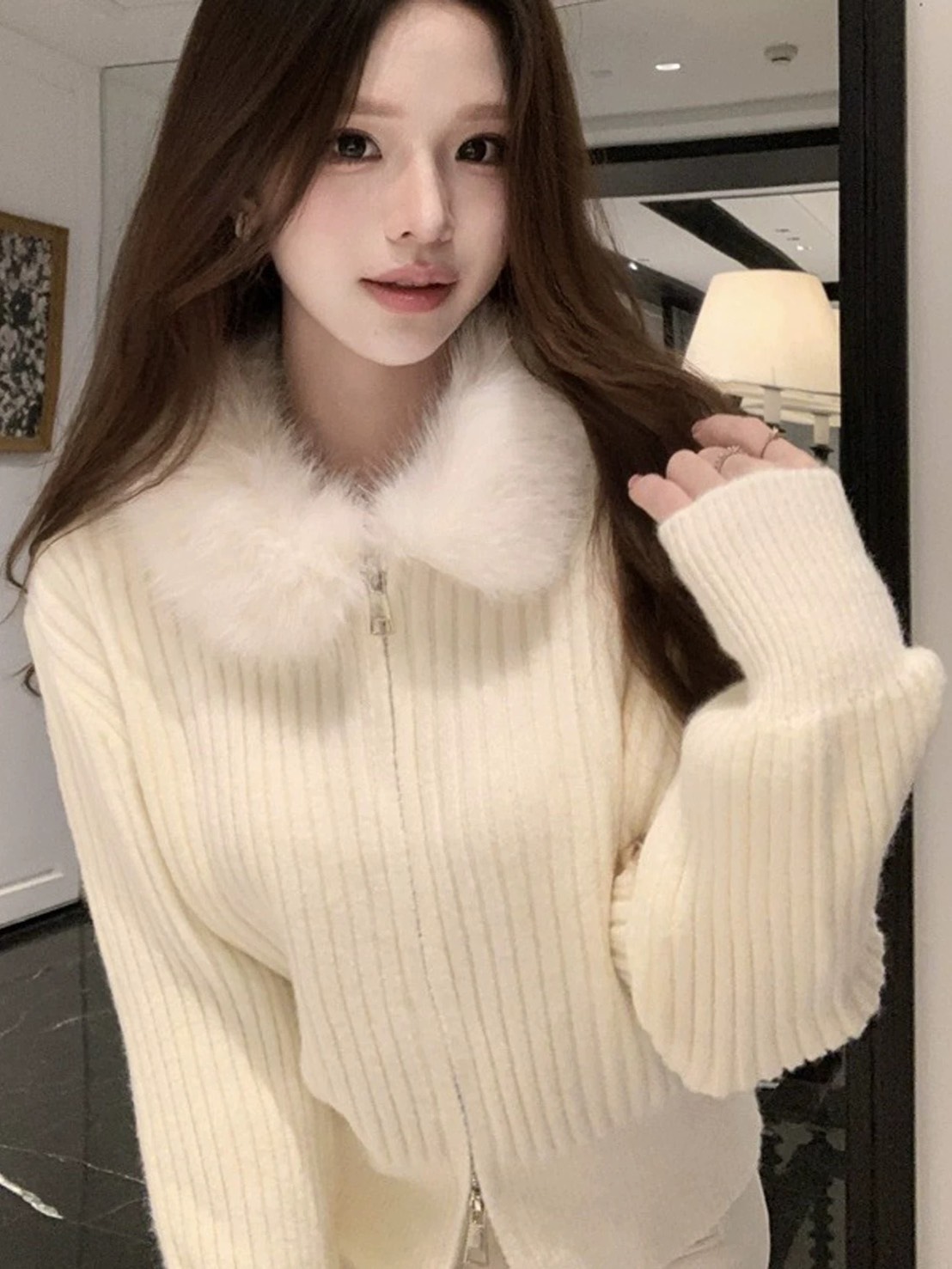 เสื้อสเวตเตอร์ขนสัตว์คอปกฟู ซิปคู่เก๋ไก๋และสวมใส่สบาย