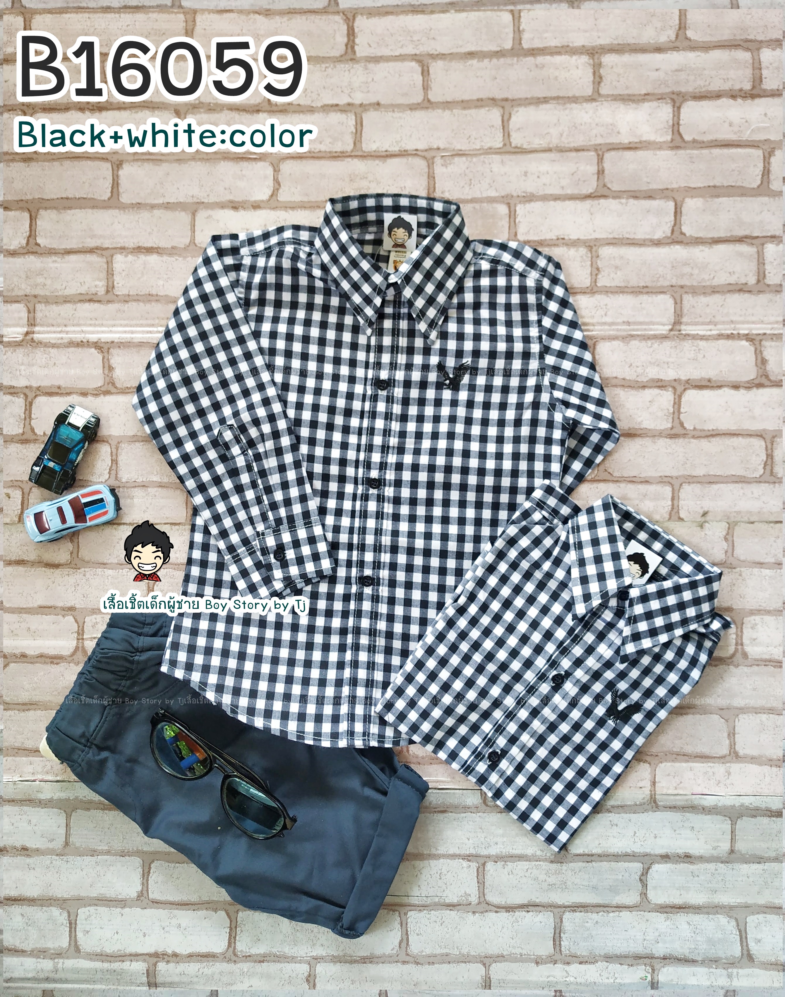 ฺB16059 สก็อตดำขาว เสื้อเชิ้ตแขนยาวเด็ก (สำหรับเด็ก8ด.-2ขวบ ไม่เกิน12 kg)
