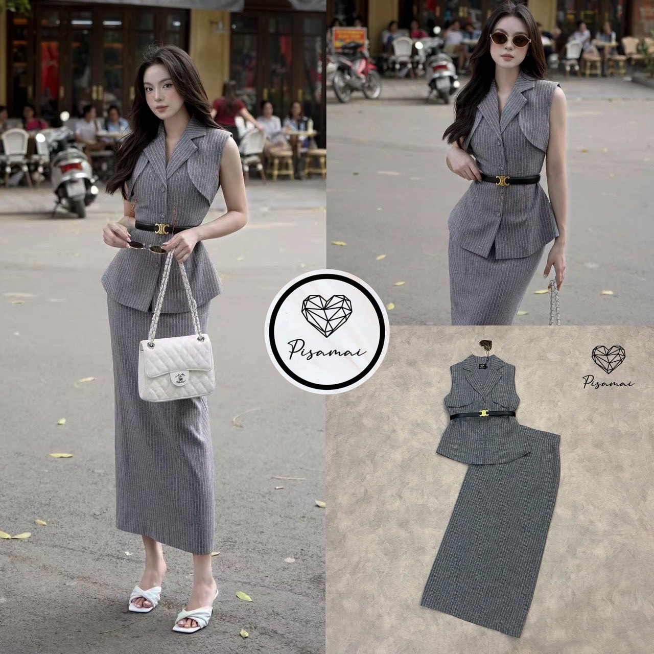 เซ็ตเสื้อแขนกุดผ้าสูทเนื้อดีลายทางสีเทา มาคู่กับกระโปรงทรงสอบตัวยาว พร้อมเข็มขัดอะไหล่ทองเข้าเซ็ต ดีไซน์สวย หรู old money ดูแกรมมากๆค่า
