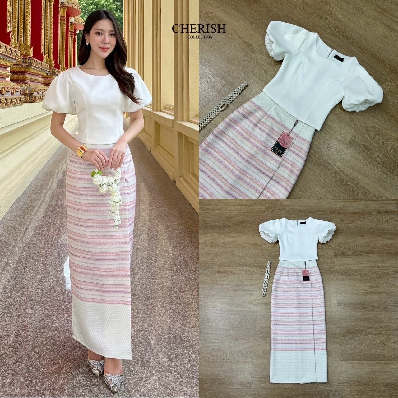 ชุดไทยที่เรียบหรูดูแพง ด้วยชุดนี้ ตัวเสื้อคอกลม แขนตุ๊กตาตัวผ้าถุงเอวสูงลายทางขวางสีชมพูม่วงสลับกันอย่างสวยงามซิบหลัง ผ่าหลังไม่เกินงามเดินสะดวกพร้อมซับในครึ่งตัวไม่ต้องกลัวเรื่องความโป๊แถมเข็มขัดมุกด้วยค่า งามอย่างไทยใจดี ต้องมีนะคะ