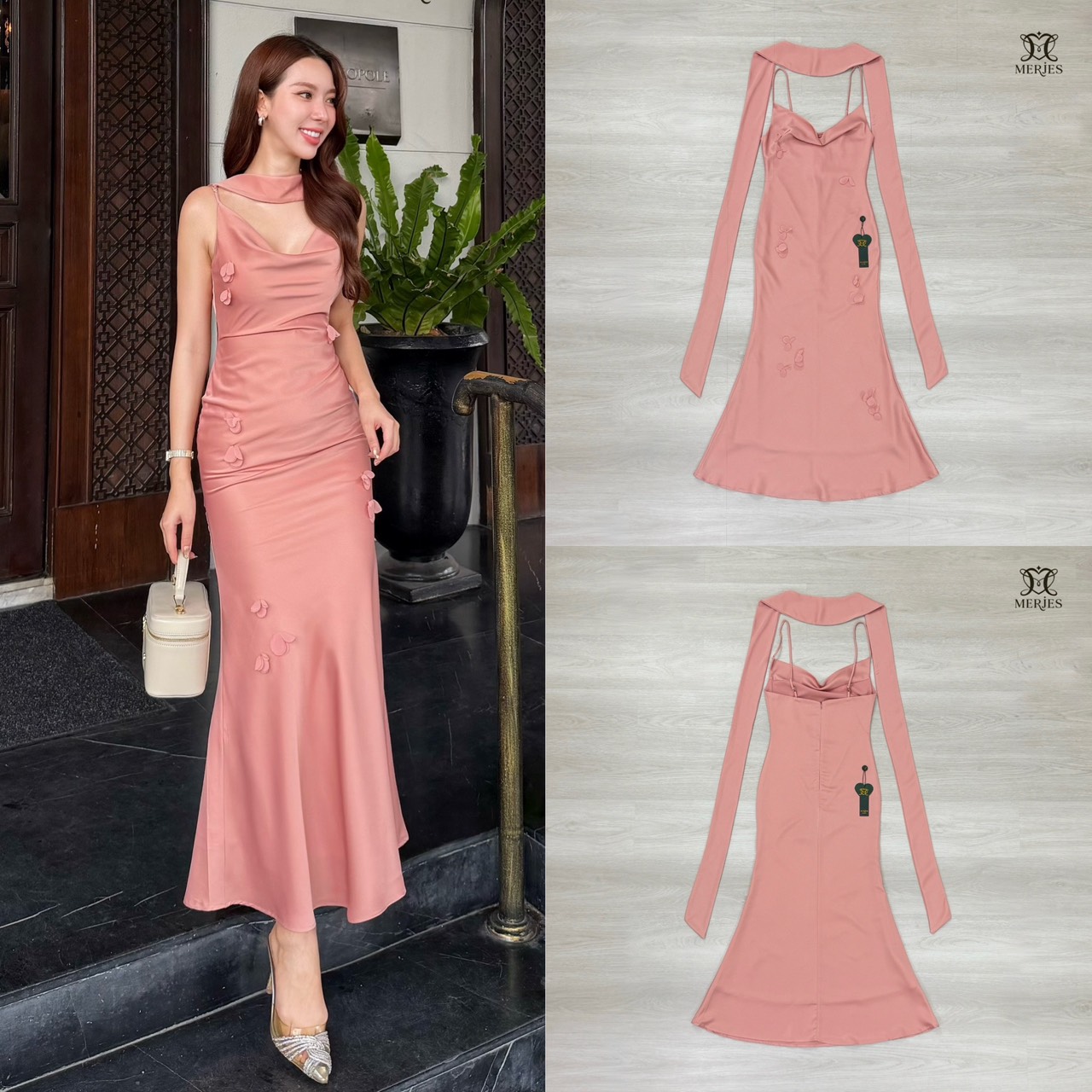เดรสยาวสีชมพูนู้ดผ้าซาตินสายเดี่ยวเข้ารูปสายสามารถปรับได้แต่งดีเทลด้วยดอกไม้ติดช่วงตัวชุดปลายชุดทรงหางปลาเล็กน้อยเพิ่มความสวยหรูของชุด มาพร้อมผ้าพาดบ่าเพิ่มความเก๋งานมีซับใน