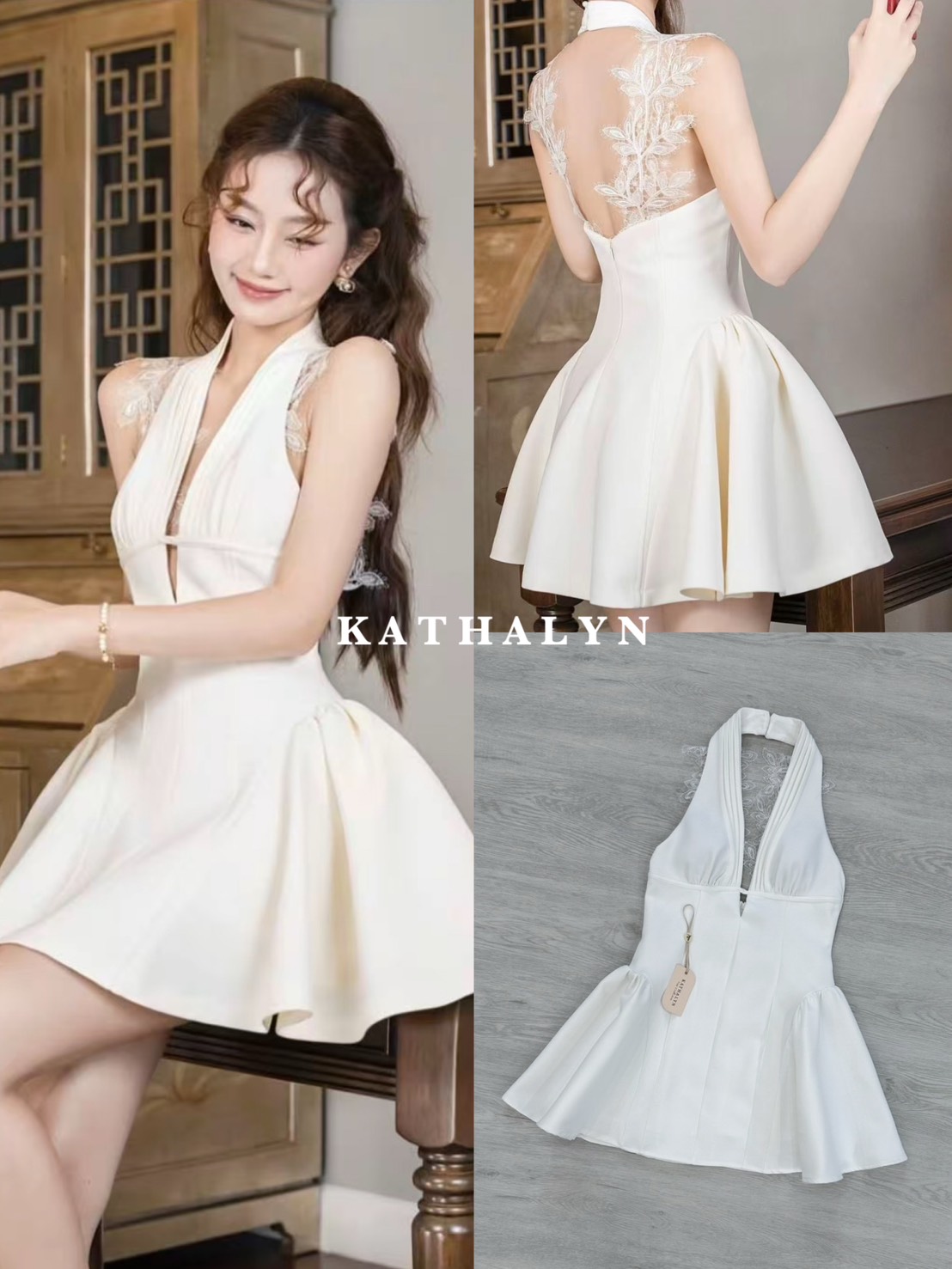 เดรสกระโปรงคล้องคอ สีขาวสะอาดตาทรงพอดีตัวใส่กำลังสวย มีบลาในตัว ด้านหลังแต่งแต่งผ้าซีทรูลูกไม้สวยแบบหรูหราลูกคุณมาก ด้านข้างกระโปรงจับเย็บยกทรงพองให้พองเล็กน้อย ความยาวกำลังพอดีใส่ออกงานได้ทุกโอกาส เนื้อผ้าดีมีน้ำหนัก