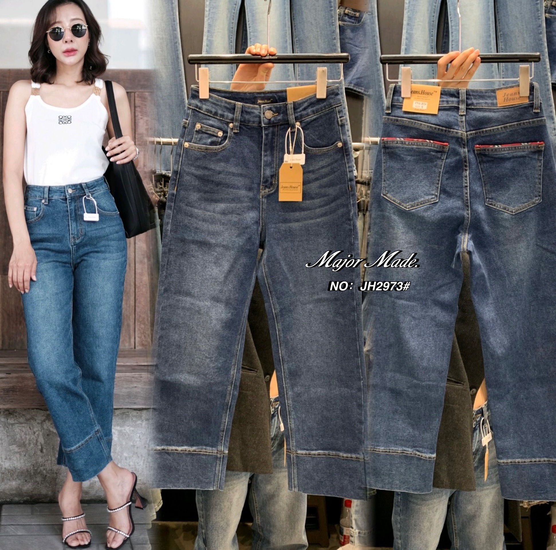 【Major Made.】New No. JH2973# -กางเกงยีนส์ขา8ส่วน ทรงมาใหม่คะ ทรงนี้ปีนี้มาแรงมากค่ะ ทรงเรียบๆ ปลายขาเย็บ ปลายขากว้าง กระเป๋าหลังเก๋มากๆ เอวสูง ใส่ดูเพรียวมาก（ผ้ายืด)