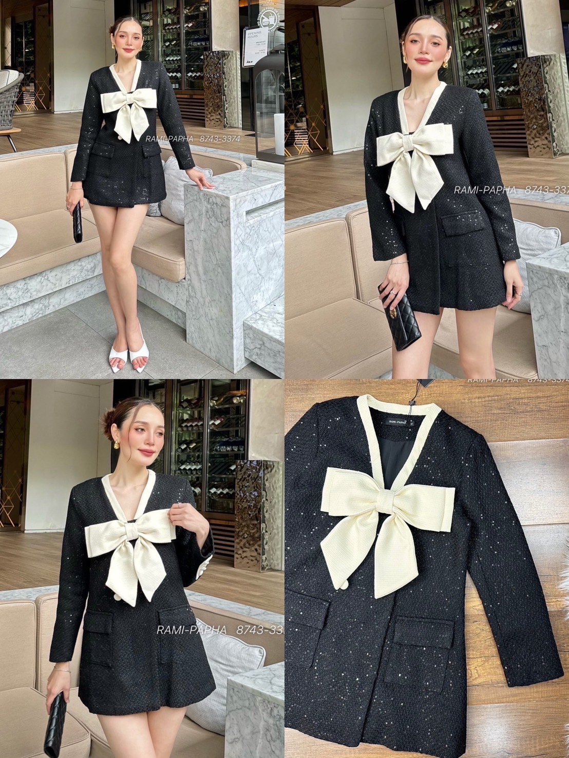 Label :: RAMI-PAPHA(รมิปภา) เดรสสีดำเนื้อผ้าทวีตผสมวิ๊ง ด้านหน้าแต่งโบว์สวยหรูโดดเด่น โทนสีตัดกันได้ผู้ดีมากคะ กระดุมแกะใช้งานได้จริง ไหล่เสริมฟองน้ำเล็กน้อย ทรงใส่สบายๆ มีกระเป๋าใช้งานได้จริง ซับในอย่างดีทั้งตัว #เสื้อผ้าแฟชั่น #แฟชั่น #ชุดเซต #งานป้าย #