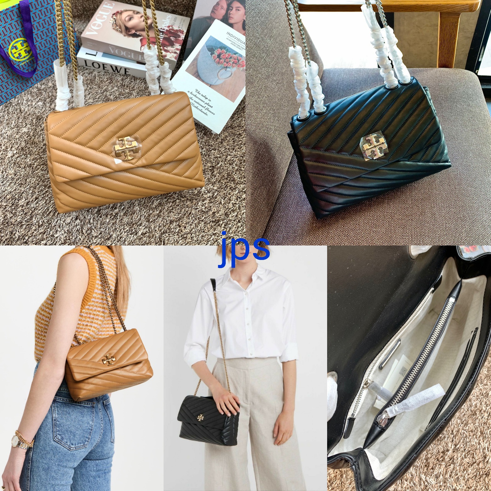 กรเป๋าสะพายไฮโซแบรนด์เนมทอรี่เบิร์ช 11.5 นิ้วหนังแท้ลายนวมสีดำ น้ำตาล TORY BURCH KIRA CHEVRON CONVERTIBLE SHOULDER BAG