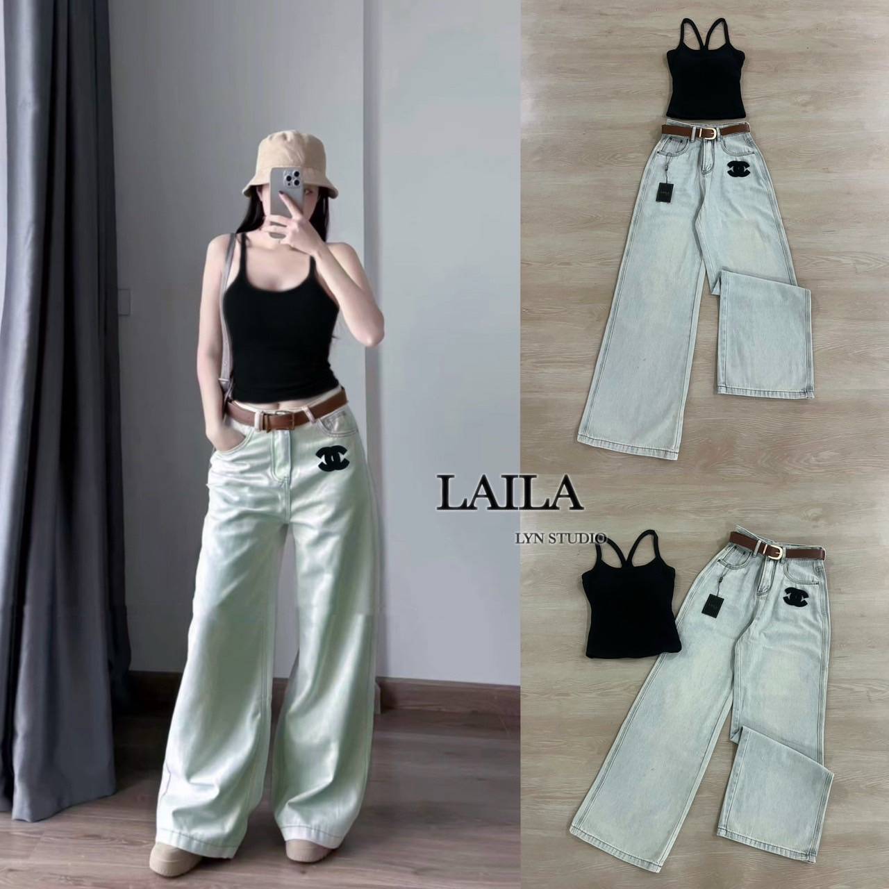 Tag: LAILA Detail: Set เสื้อ+กางเกง งานเสื้อทรงสายเดี่ยวแต่งเสริมทรงที่อกตามสไตล์สาวแซ่บ เสื้อทรงเข้ารูปเนื้อผ้ายืดหยุ่นได้นิดหน่อย มาพร้อมกางเกงยีนส์ขายาวงานทรงขากระบอก แต่งสียีนส์ฟอกพร้อเข็มขัดและอักษรแบรนหน้าขาสาวเวียดนามแซ่บๆดูดีแมชกันลงตัว #bylaila b