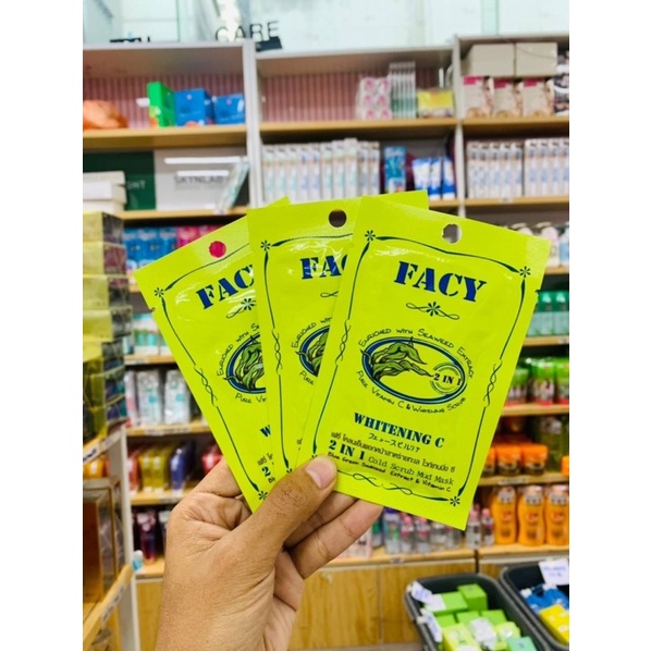 FACY COLD SCRUB WHITENING C with Seaweed Mud Mask 10 g. 1 ซอง เฟซี่ มาส์กโคลนเย็น พอกหน้าสาหร่ายทะเล + สครับขัดผิว