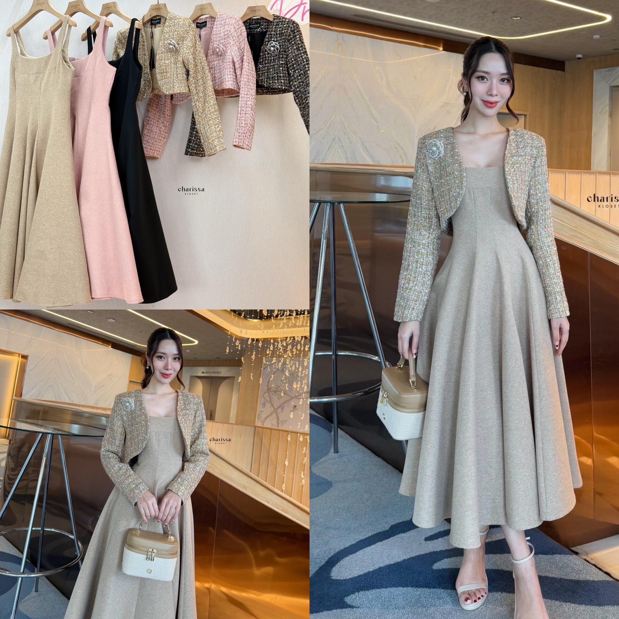 เดรสเป็นทรงเข้ารูปช่วงเอว มีความพองช่วงล่างน่ารักมาก ซิปซ่อนด้านหลัง มีซับในอย่างดี มาพร้อมกับเสื้อครอปใช้ผ้าพรีเมี่ยมทวิตทอสลับสีทอง มีรองบ่าบางๆเพื่อให้เป็นทรงสวย มีตะขอติดให้บริเวณด้านหน้า นอกจากนี้เราเพิ่มความรักกด้วยเข็มกลัดดอกไม้ แมทซ์กันออกมาได้สวย