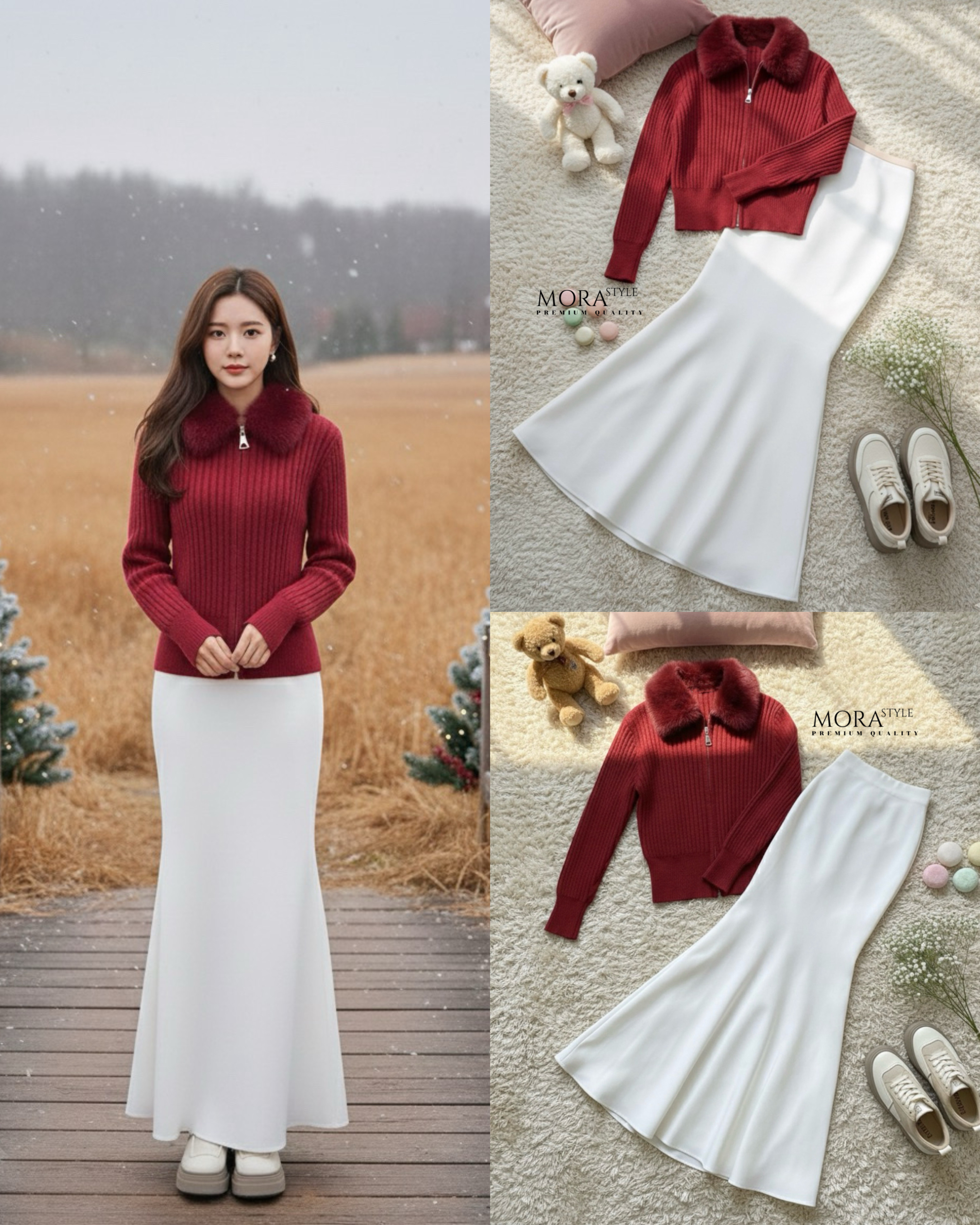 เซ็ท 2 ชิ้น เสื้อไหมพรมแขนยาว แต่งเฟอร์ขนที่คอ มีซิปรูดด้านหน้างานน่ารักมากกกกก มาพร้อมกับกระโปรงยาวผ้าลื่นทิ้งตัวใส่สบายใส่แมทช์สวยมากค่ะ