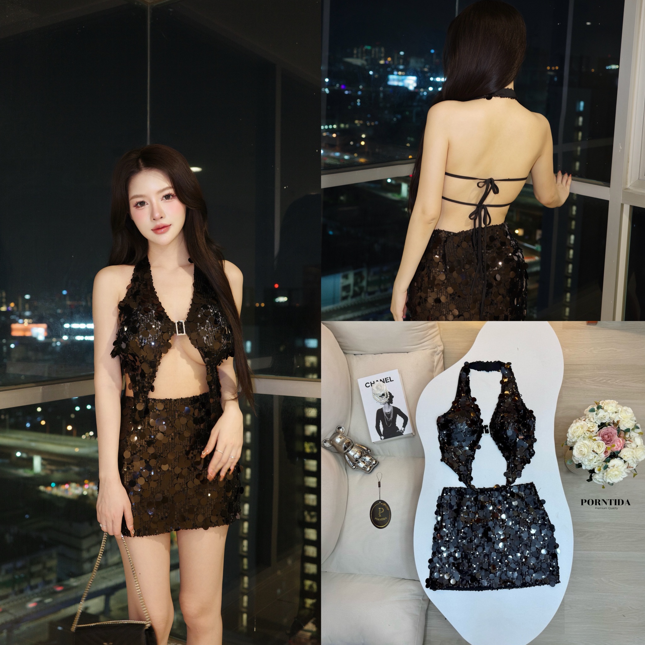 ชุดเซต 2 ชิ้น เสื้อคล้องคอเป็นงานผูกด้านหลังโชว์หลังหน้าอกเสื่อมฟองน้ำกระโปรงงานเกล็ดปลาทั้งเสื้อและกระโปรงซับในเย็บติดรุ่นนี้สวยเซ็กซี่เล่นไฟมาก