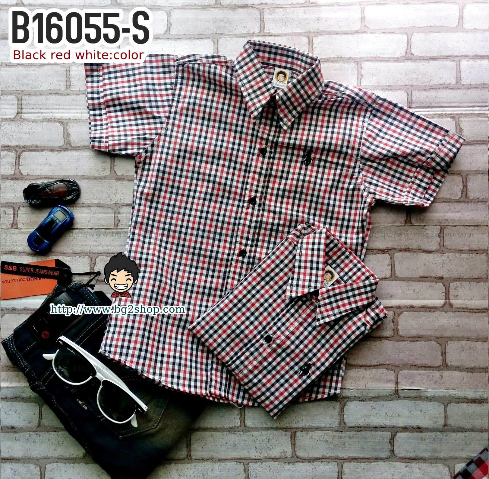 B16055-S เสื้อเชิ้ตเด็ก แขนสั้น ลายสก็อตแดงดำขาว XL Sale