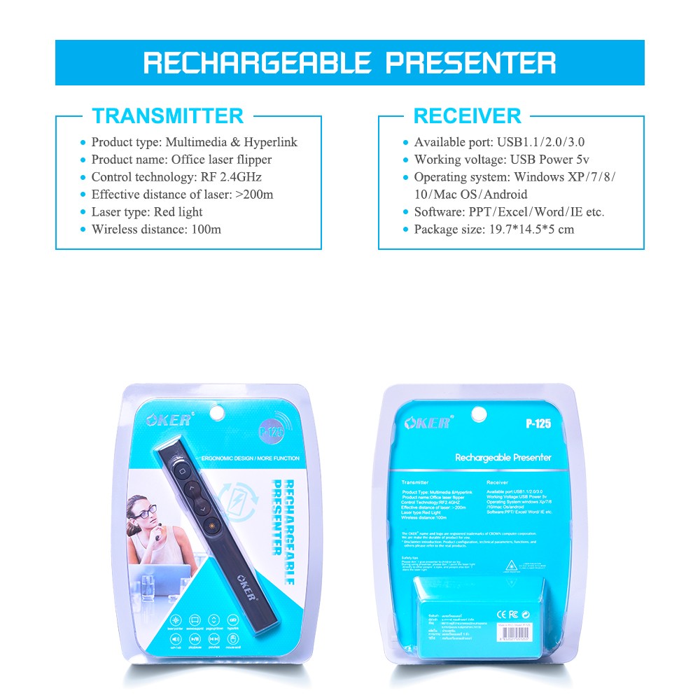 P-125 OKER 2.4GHZ WIRELESS PRESENTER ชาร์จไฟได้ MO-OK-WL-P-125