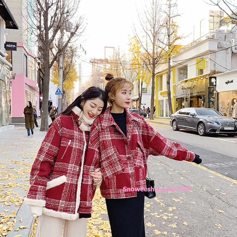 แจ็คเก็ตกันหนาวลายสก็อต ทรงคอตั้งสูงติดเข็มขัด แนวโอเวอไซส์ บุในขนแกะ