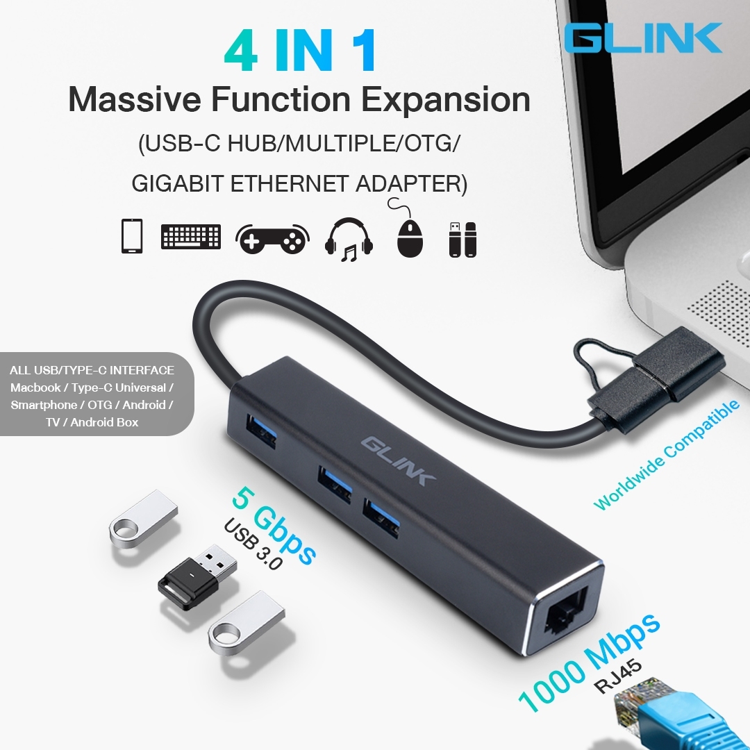 GL-034 GLINK USB3.0 + Type-C Hub+Gigabit ADAPTER SKU-02872
