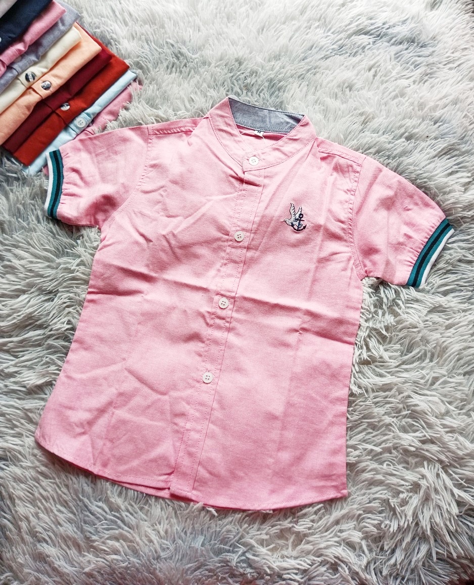 เสื้อเชิ้ตเด็ก แขนสั้น คอจีน สีชมพู