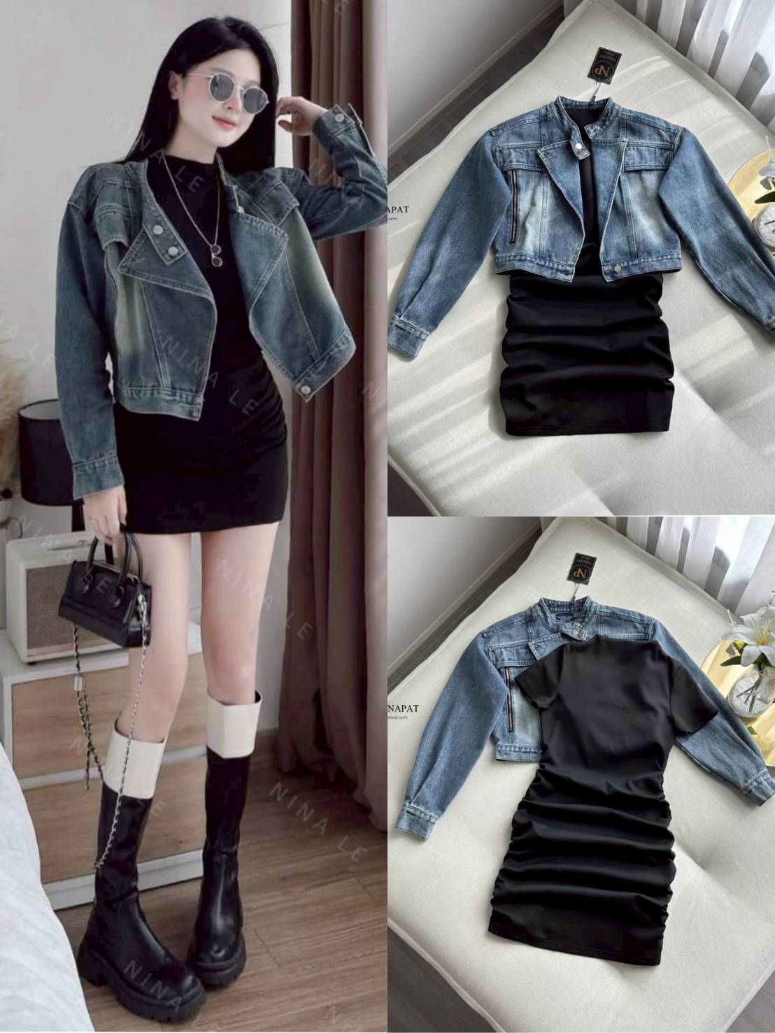 SET เสื้อยีนส์แท้ฟอก + เดรสผ้ายืดนุ่ม เข้ารูปเก็บทรงสวย จีบย้นด้านข้างเก๋ไก๋