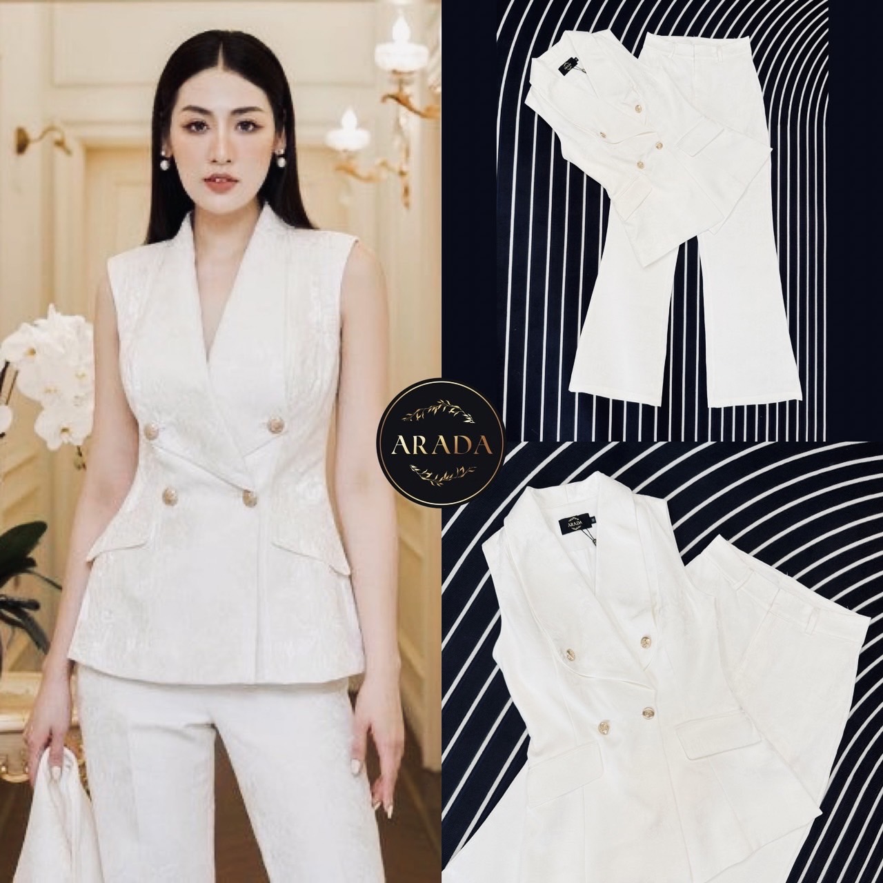 Set เสื้อแขนกุดคอปกมาพร้อมกางเกงขาม้าเล็กน้อย งานสีขาวมีลายผ้าในตัวหรูหรามากคร่า กระดุมหน้าสีทอง มีฟองน้ำเสริมอกและซับในอย่างดี ตัวก่งเกงมีซับในครึ่งตัว ไม่บางนะคะ
