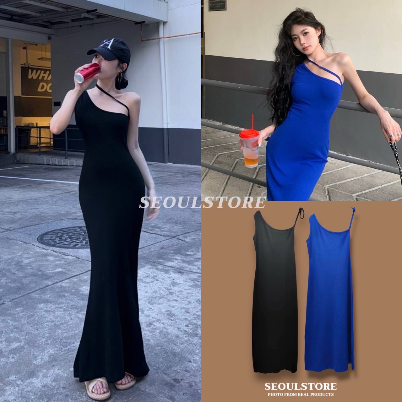 เดรสยาวสายเดี่ยวปาดไหล่ ผ้าถักยืดอย่างดี ใส่เข้ารูปสวย