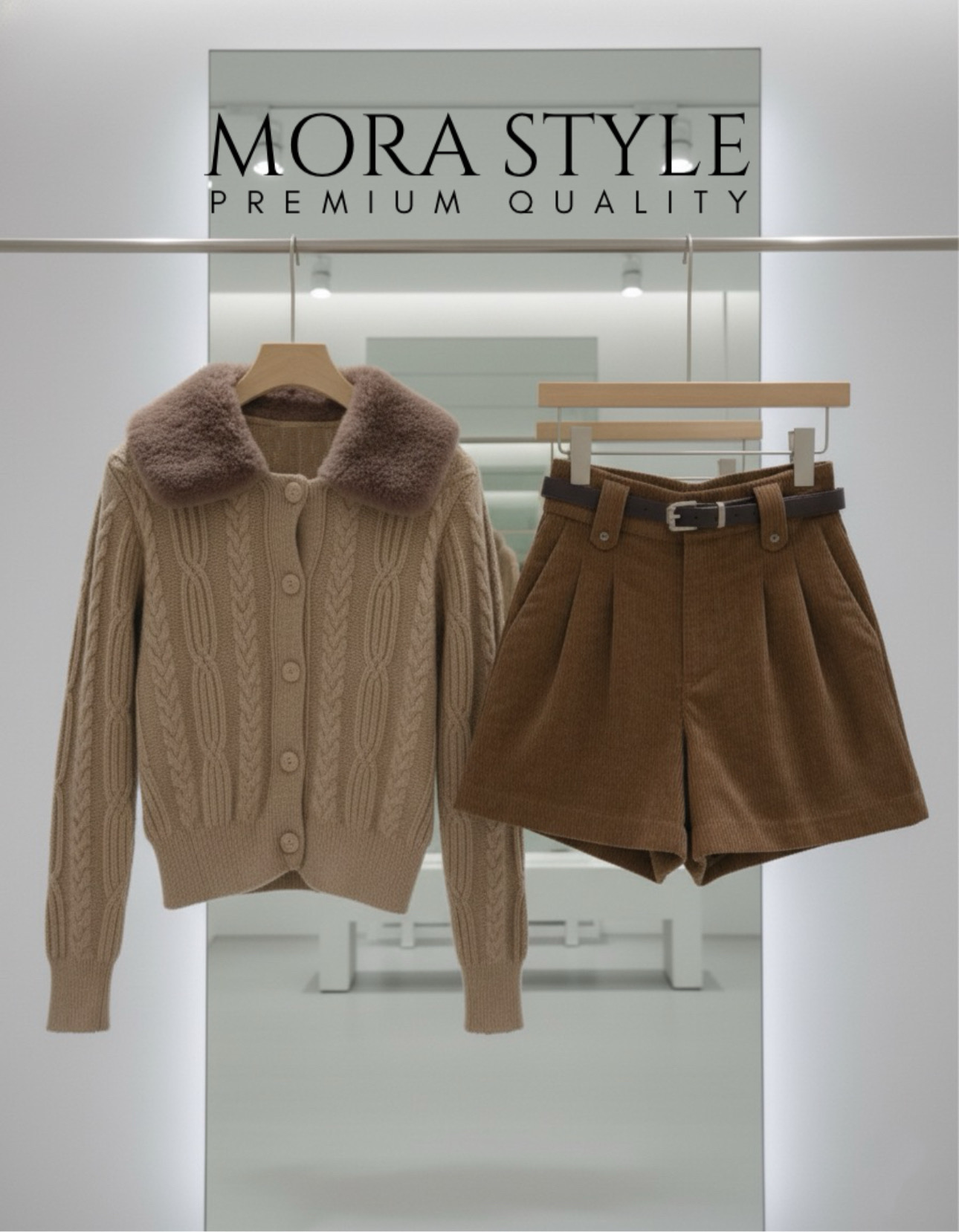 เซ็ต 2 ชิ้น เสื้อคาดิแกนไหมพรมแขนยาวทอลายถัก แต่งเฟอร์ขนที่คอน่ารักมากกกกก ขนเฟอร์ถอดได้ มาพร้อมกับ กางเกงลูกฟูกขาสั้นมีเข็มขัดให้หนึ่งเส้นใส่แมทช์เซ็ตน่ารักมากค่ะ