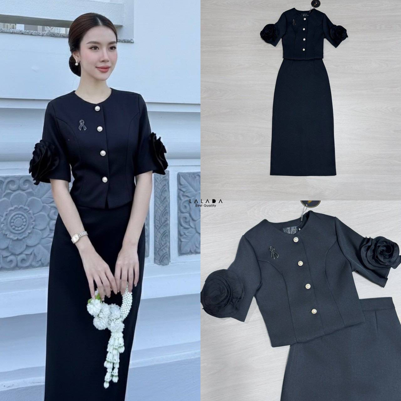set 2 ชิ้น เสื้อดำกระดุมหน้าแต่งดอกไม้ช่วงแขน + กระโปรงยาวงานซิปหลัง ชุดดำแบบสุภาพใส่ออกงาน ใส่ทำงานได้หมดค่ะ + เข็มกลัดไว้อาลัย
