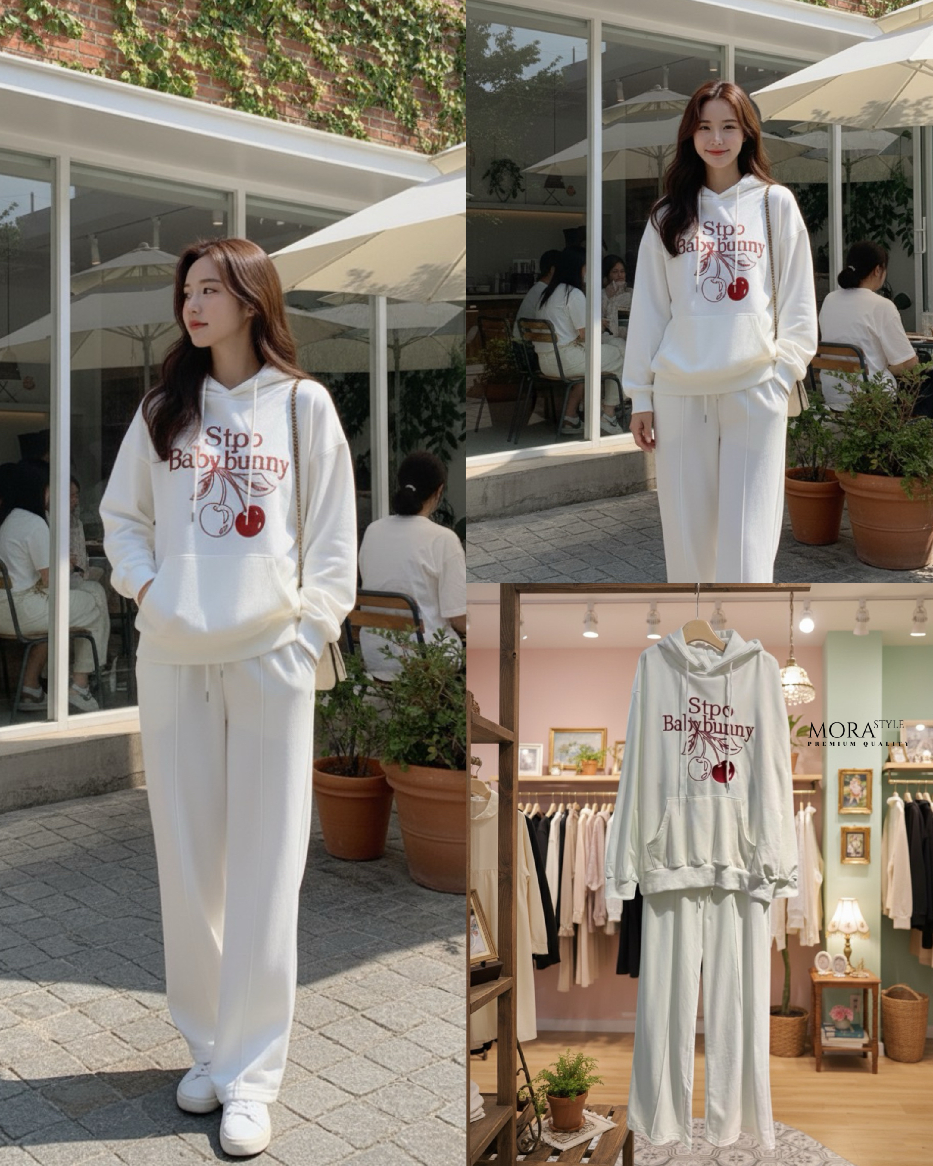 เซ็ท 2 ชิ้น เสื้อแขนยาวมีฮูดหมวกปักแต่งลายเชอรี่ช่วงอก มาพร้อมกับกางเกงขายาวผ้าใส่สบาย ใส่แมตช์ในสไตล์สาวแอร์พอร์ตลุคได้เลยค่ะ เป็นอีกรุ่นที่หนาวนี้ต้องมีนะคะ