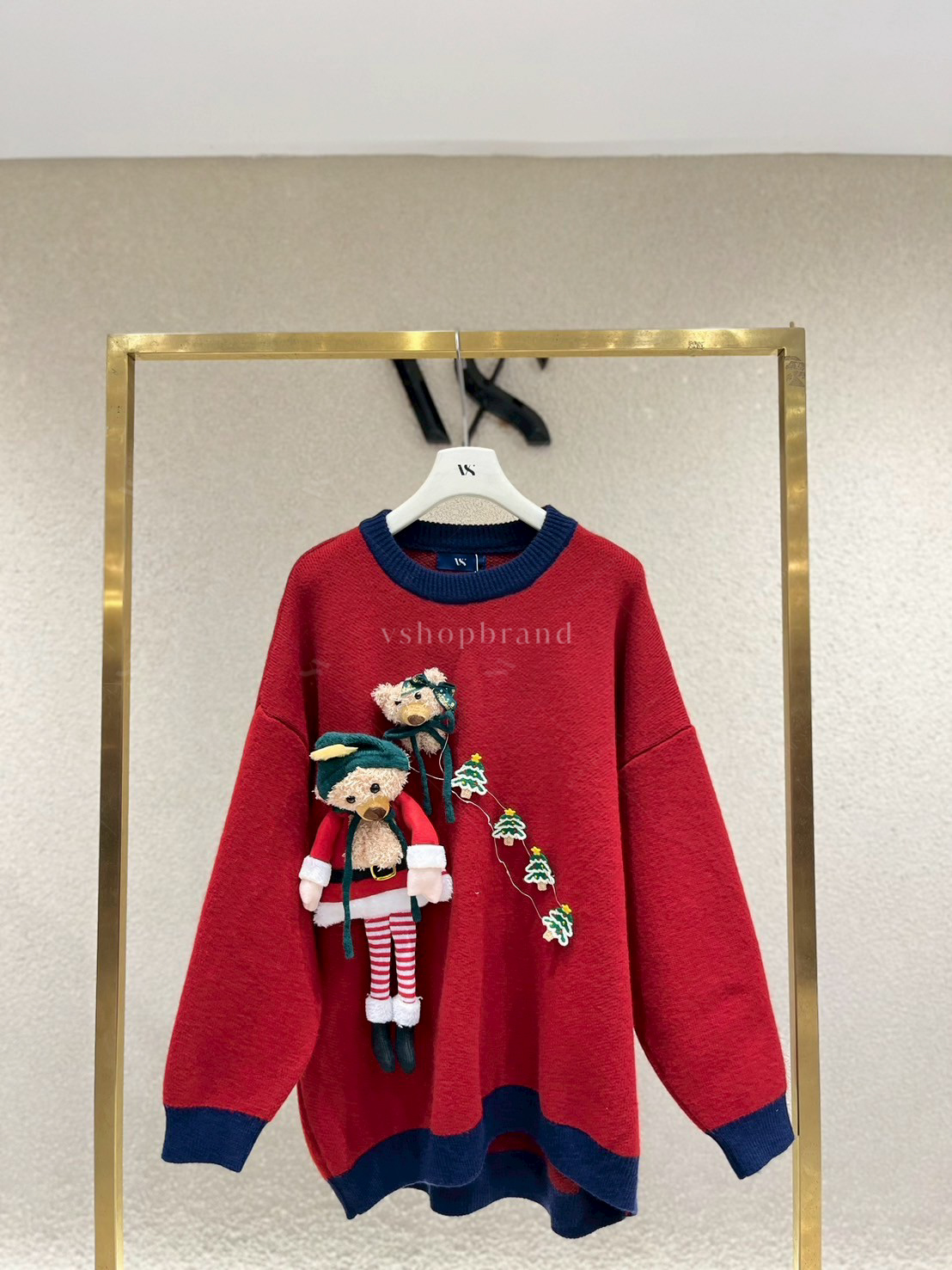 เสื้อกันหนาวไหมพรมคริสมาสขอบทูโทน + ตุ๊กตา