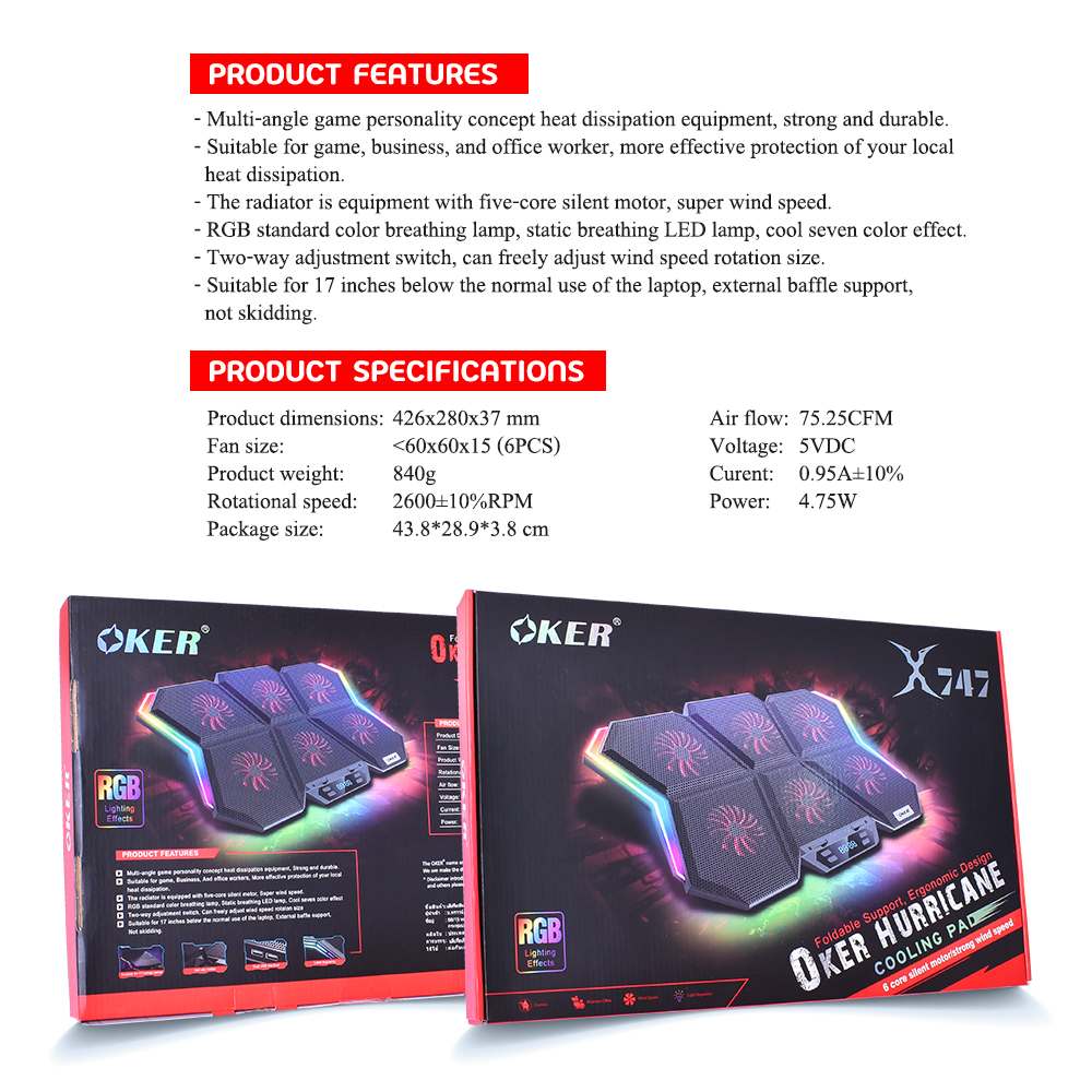 OKER X747 OKER 6FAN HURRICANE COOLING PAD17" FA-OK-NB-X747B