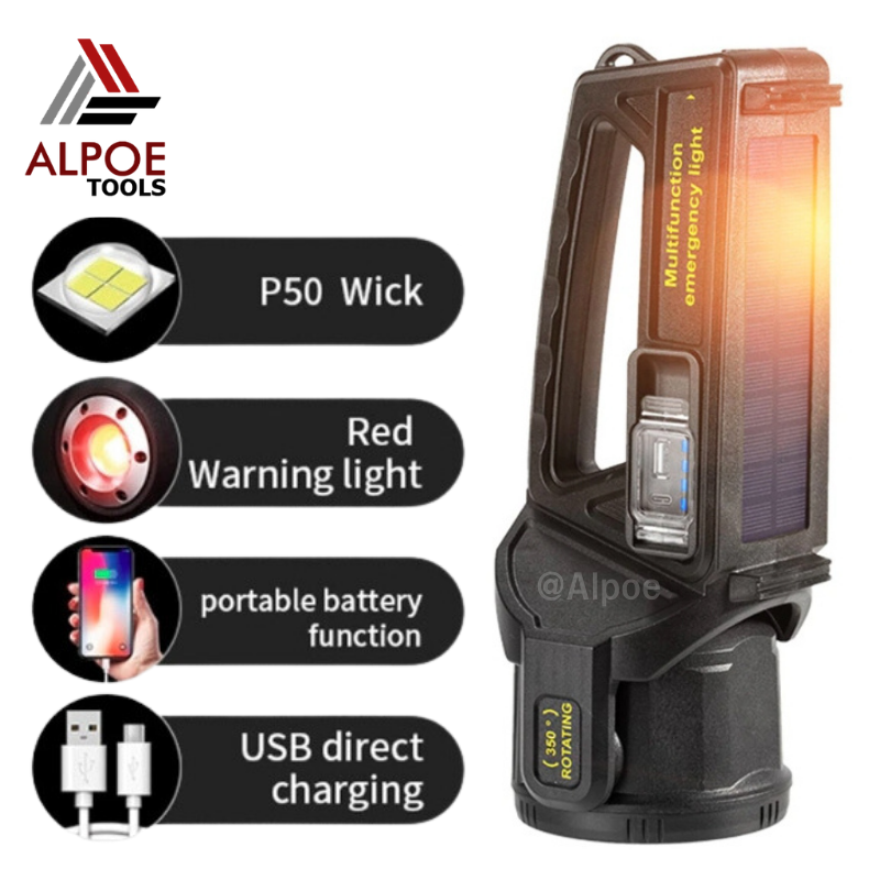 ไฟฉายหูหิ้ว หลอด P50 ไฟแรงสูง หมุนหัวได้ 350 องศา ชาร์จโซล่าเซลล์ได้