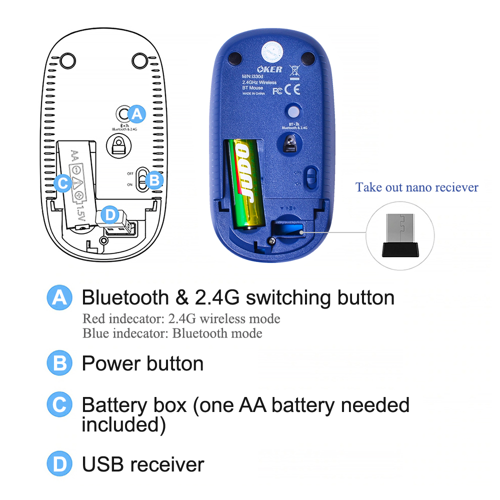 i330 OKER BLUETOOTH +WIRELESS MOUSE MO-OK-WL-330XX