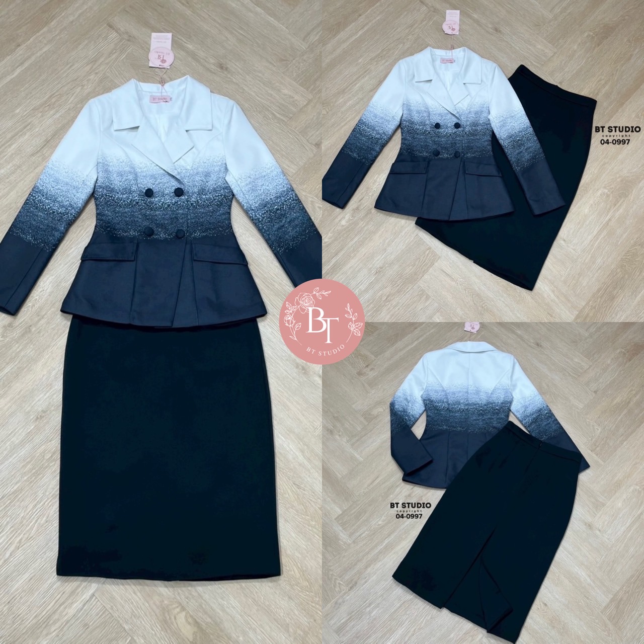เซท 2 ชิ้น เสื้อเบเซอร์แขนยาวคอปกแต่งกระดุม 4 เม็ด ดีไซส์แต่งไล่สีแมทซ์กับกระโปรงคลุมเข่าผ่าปลายชายด้านหลัง งานสวยเนื้อผ้าดี ชุดนี้ hiend ม๊ากคร้าาา