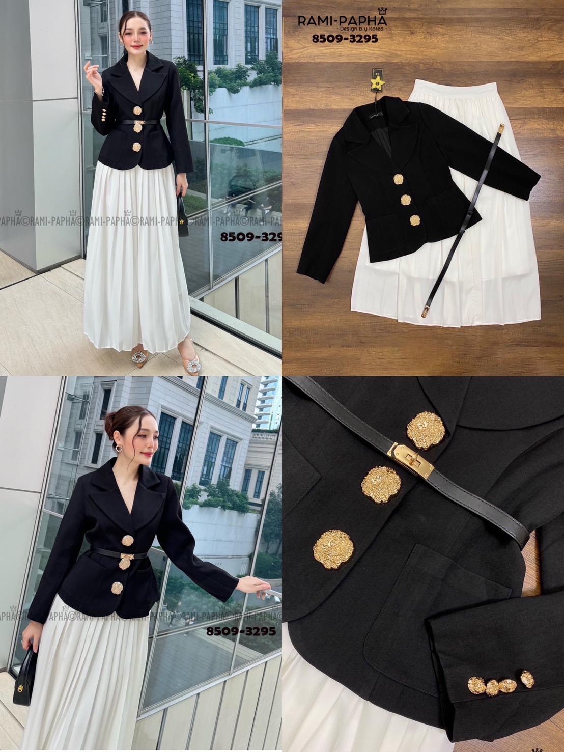 สูท+กระโปรง+เข็มขัด Set.3ชิ้น เสื้อสูทสีดำดีเทลเก๋ กระดุมหน้าสีทองสวยหรูโดดเด่น(กระดุมแป๊ะใช้งานได้จริง ใช้งานง่ายมากค่า) ไหล่เสริมฟองน้ำให้ดูสง่า มีกระเป๋าใช้งานได้จริง ซับในงานสูทอย่างดีทั้งตัว +++มาคู่กับ กระโปรงพลีทขาว มีซับใน ซิปข้าง +++มาคู่กับ พร้อ