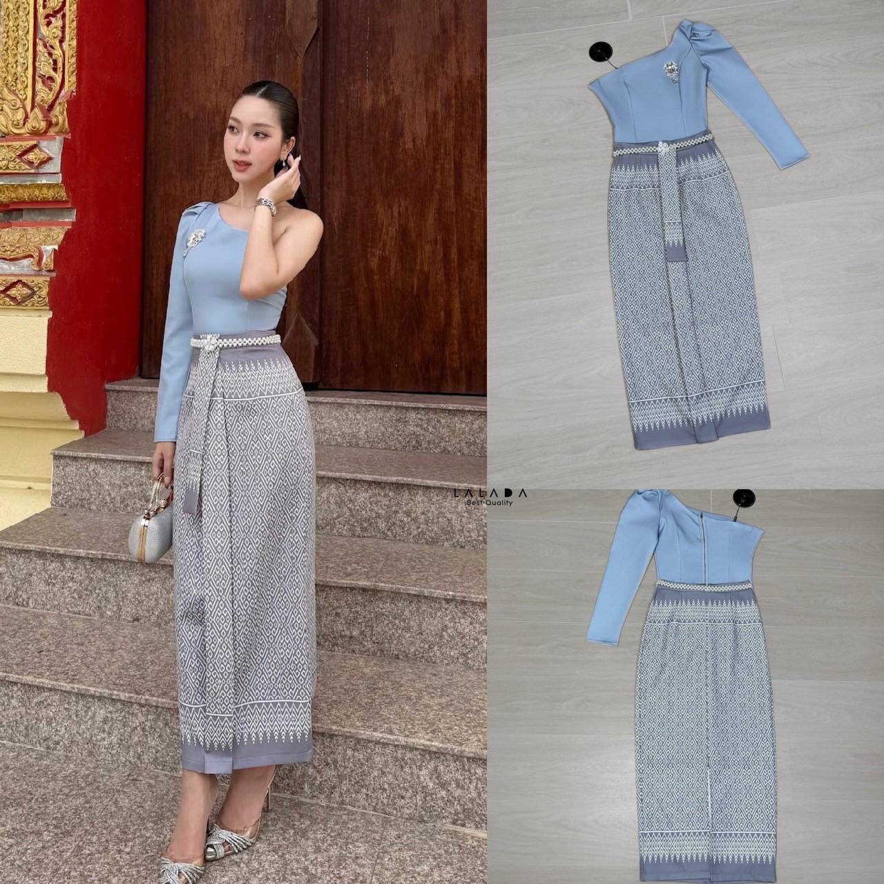 set 2 ชิ้นเสื้อปาดไหล่สีโทนฟ้า(ไม่มีฟองน้ำ)มีซิปหลัง ตัดเย็บอย่างดีมีซับใน +เข็มกลัด+ กระโปรงผ้าถุงสำเร็จเป็นผ้าพิมพ์ลาย พร้อมด้วยเข็มขัดลูกปัด(เข็มขัดยืดได้ กระโปรงซิปหลัง สวยหรู สวยแพง