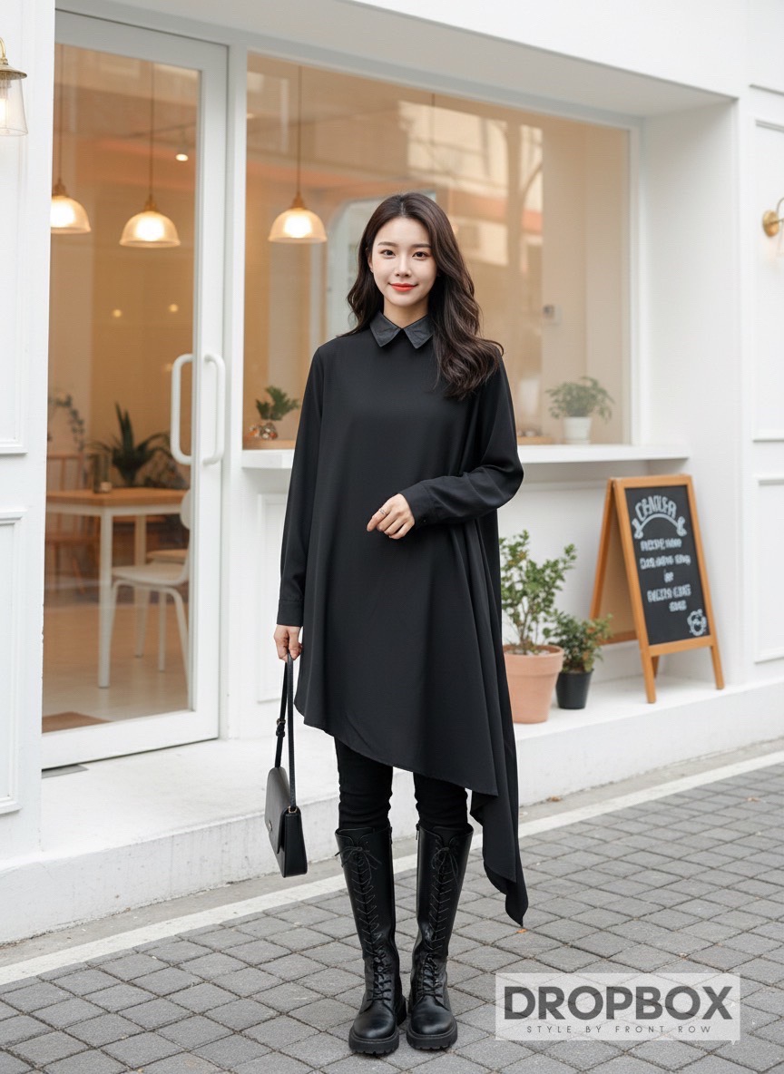 One Side Long Black Shirt เสื้อเชิ้ตสีดำส่งโอเวอร์ใสชายเฉียงด้านหนึ่งรุ่นนี้เก๋มากคือใส่ได้ทั้งสองด้านด้านหน้าและด้านหลังด้านหนึ่งจะมีกระดุมด้านหนึ่งจะเป็นเรียบเรียบสามารถใส่ได้ทั้ง2แบบ